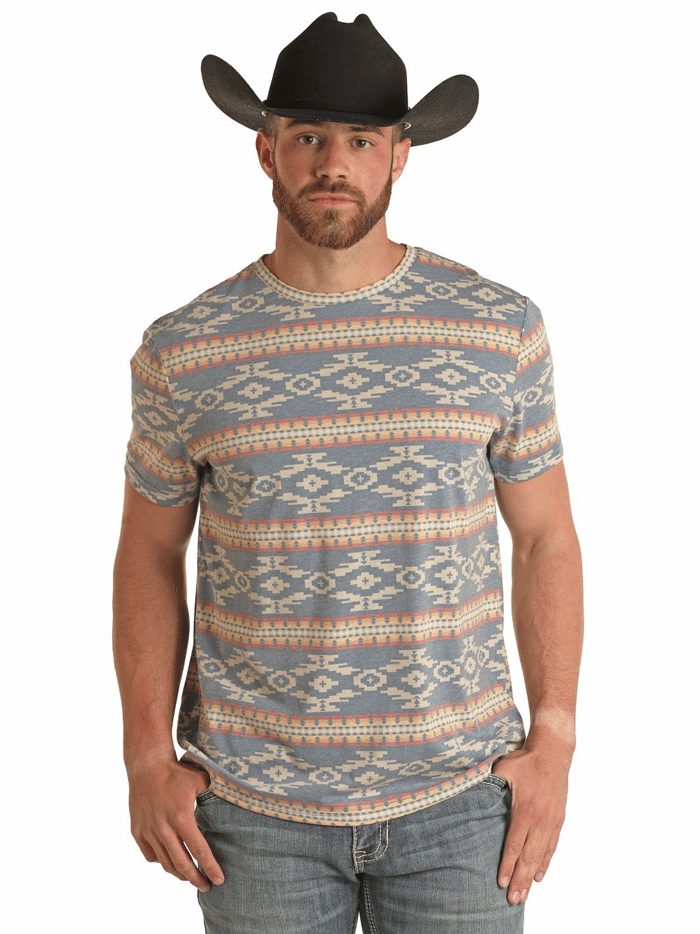 Rock & Roll Denim BU21T03021 Unisex Aztec Print T-Shirt - Light Blue Vintage Style Cotton Tee for Men & Women | Perfect for Music Festivals, Concerts & Casual Wear