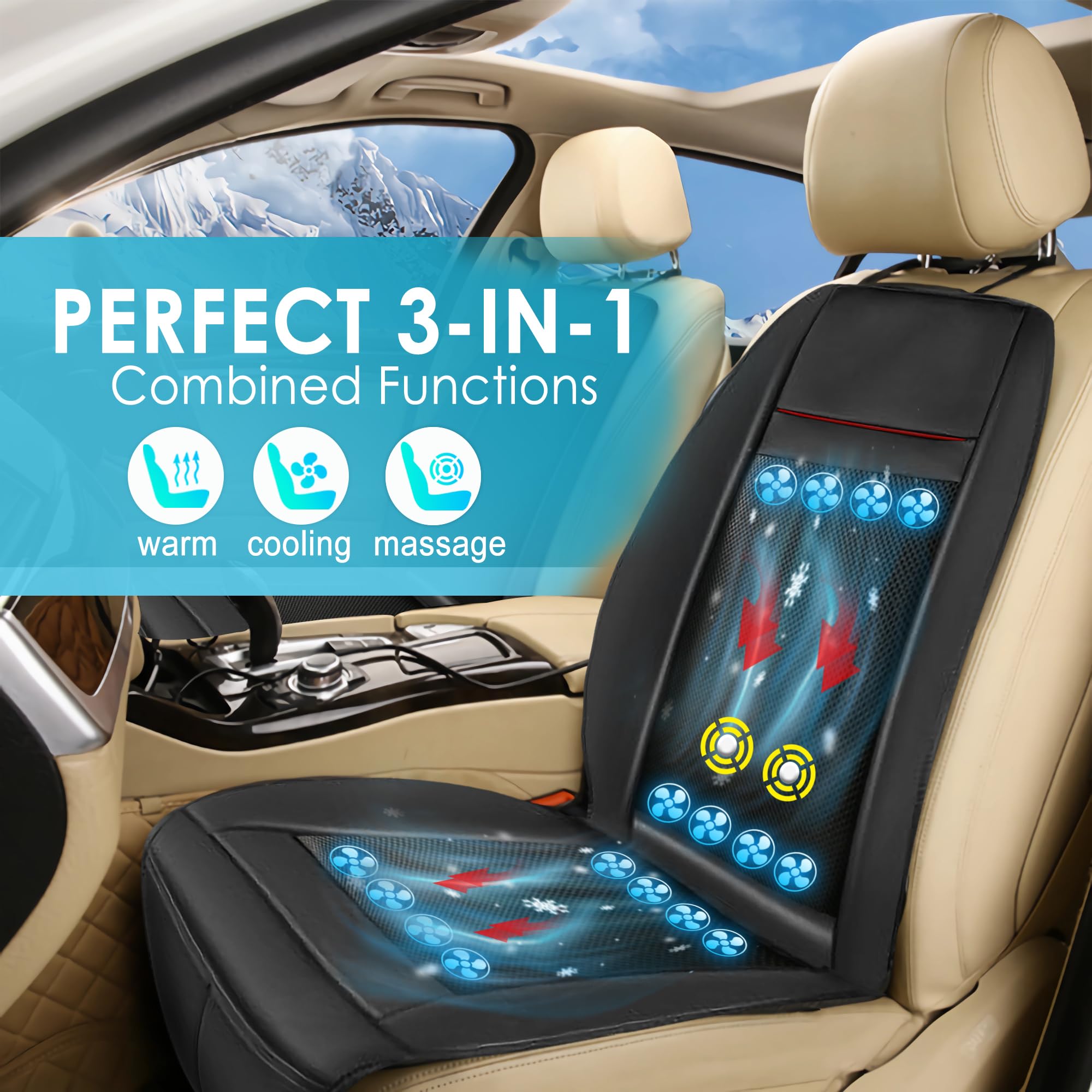 12V Cooling Car Seat Cover with Massage & Adjustable Temperature - 16 Ventilation Fans for Summer - Cooling Seat Cushion for Car Front Seats - Perfect for Vehicles, SUVs & Long Drives (Beige)