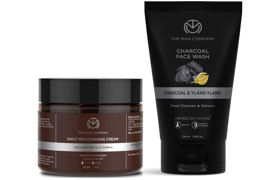 The Man Company DeTan Daily Pack - Activated Charcoal Face Wash & Daily Moisturizing Face Cream with Argan Oil, Shea Butter & Vitamin E | Deep Cleansing & Hydrating Skincare Set | Pack of 2 | Perfect for Men's Daily Face Care Routine & Travel Essentials