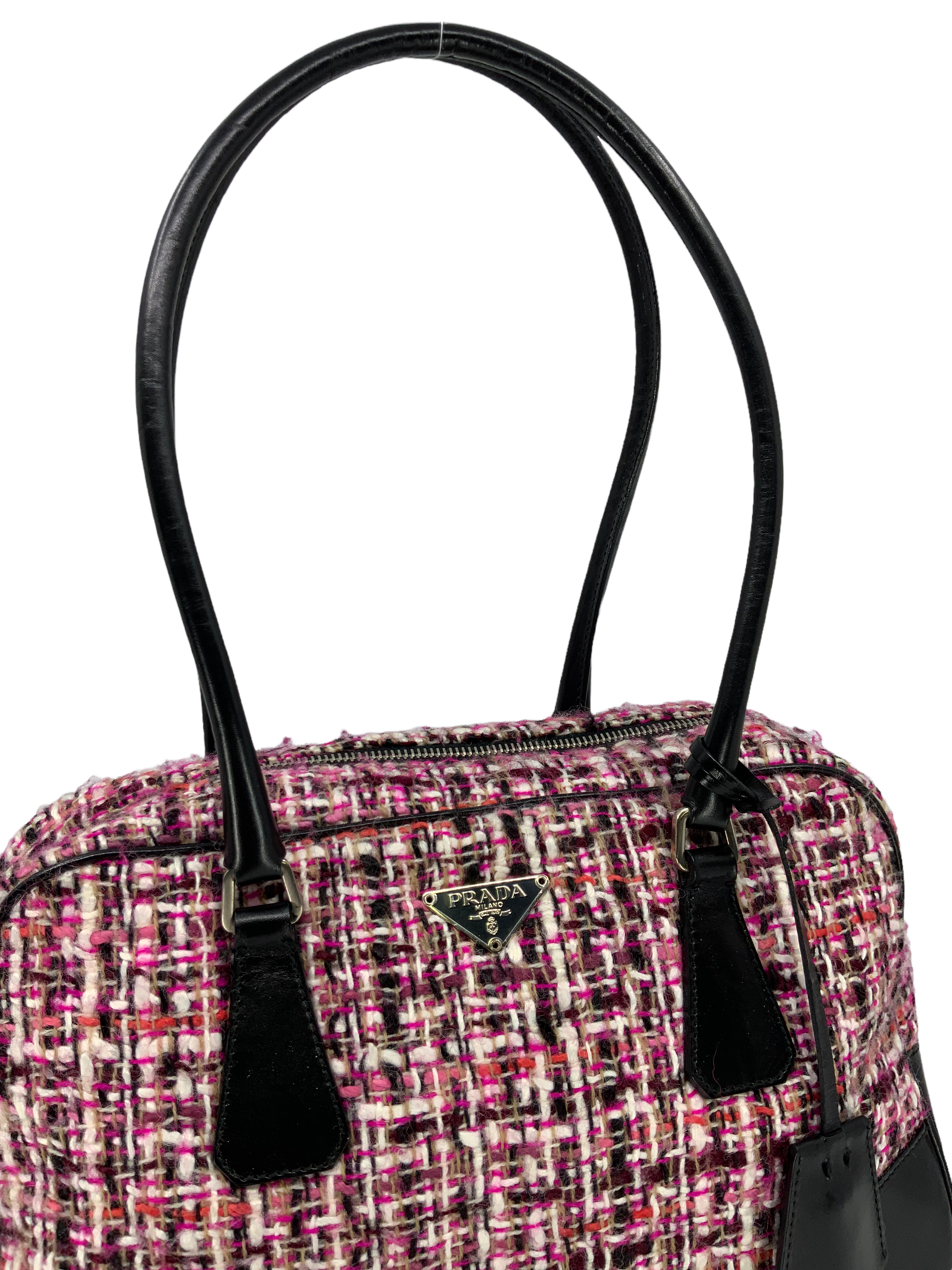 PRADA Tweed Leather Boston Bag for Women - Luxury Designer Handbag for Work, Travel & Everyday Use