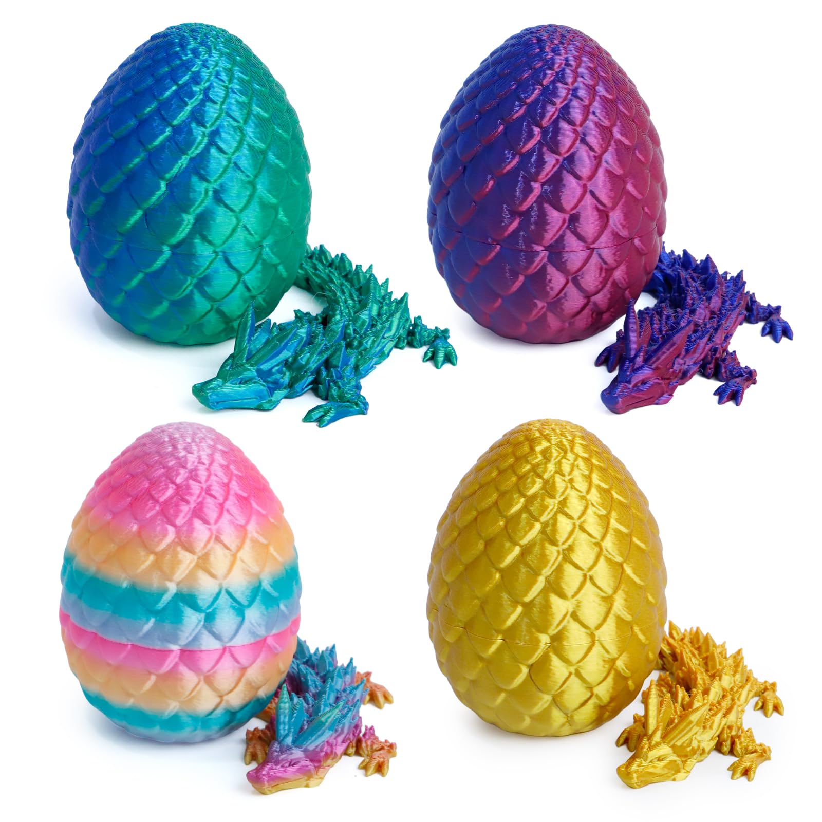 3D Printed Dragon Easter Eggs - 4 Pack with Articulated Crystal Dragon Fidget Toy for Desk Decor & Easter Basket Stuffers (Blue/Green/Gold) - Perfect for Gifts & Stress Relief