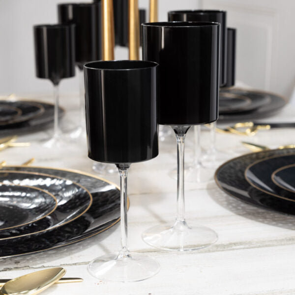 Premium 9 Oz Two-Tone Black & Clear Plastic Wine Goblets - Set of 5 - Shatterproof & Elegant for Outdoor Parties, Weddings, and Picnics