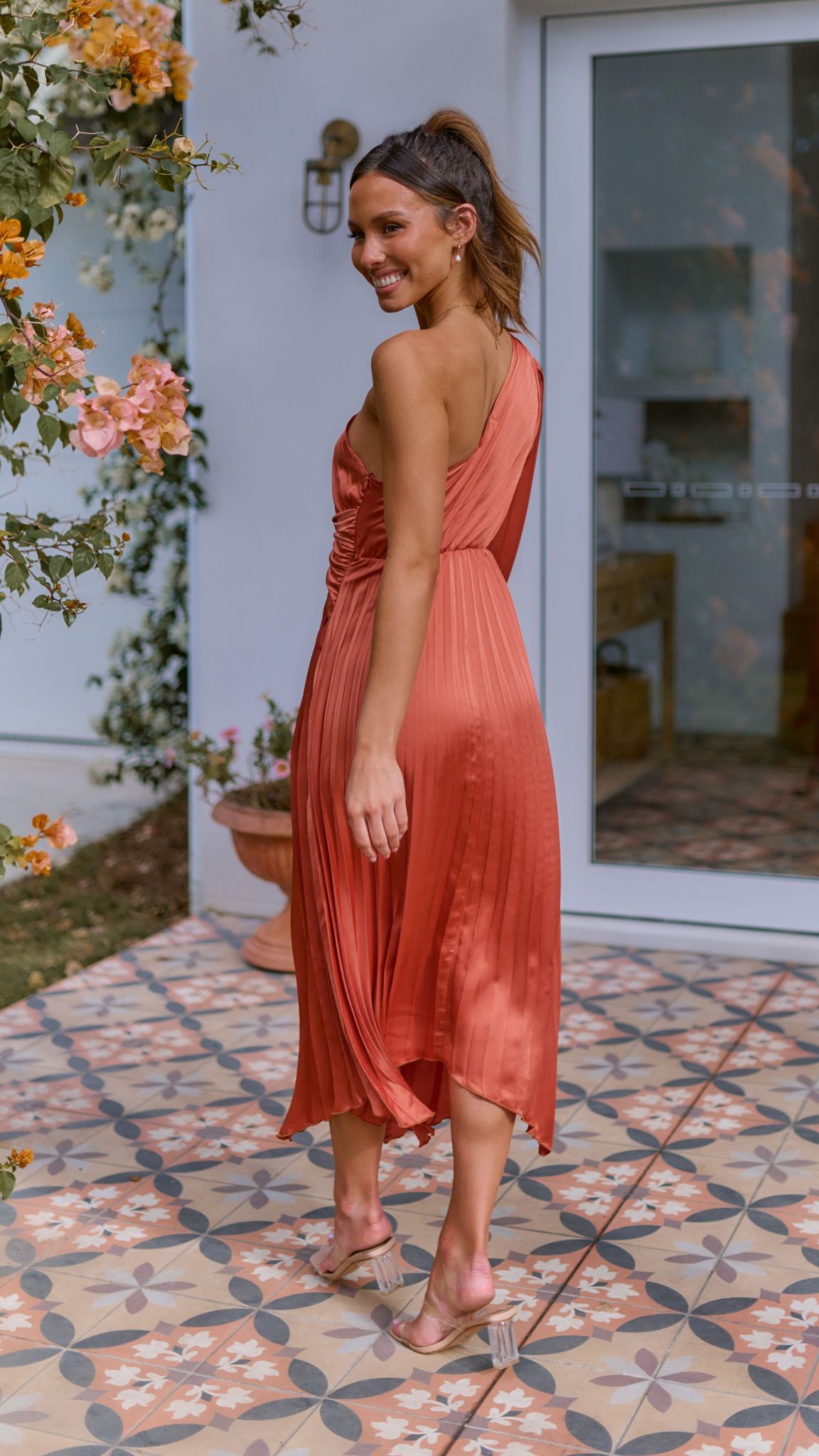 Brooklyn One Shoulder Midi Dress in Copper - Elegant Cocktail Party & Evening Wear for Women