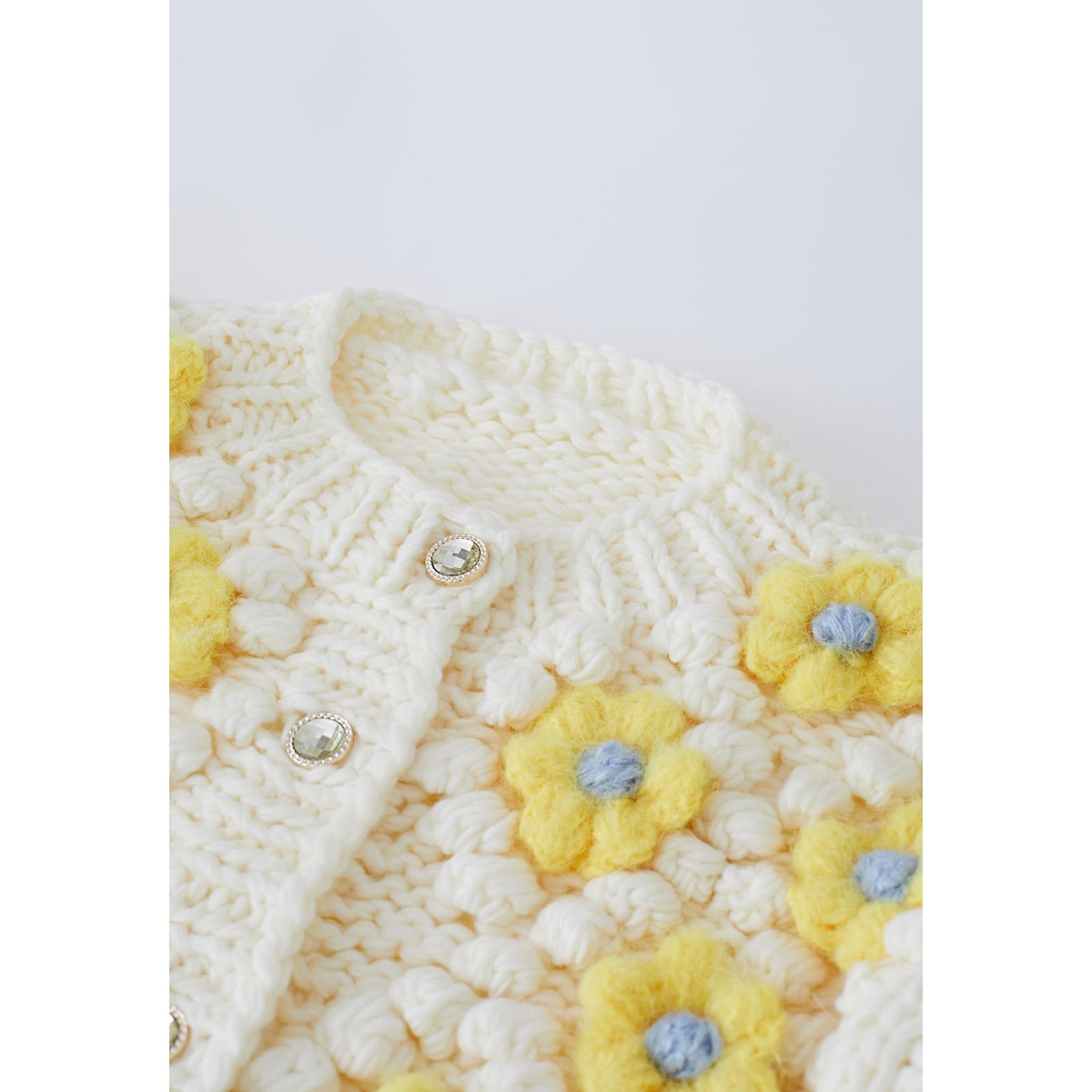 Chicwish Women's Yellow Stitch Floral Pom Pom Knit Cardigan Sweater - Cozy Fall Layering Piece for Casual Outfits & Autumn Photoshoots