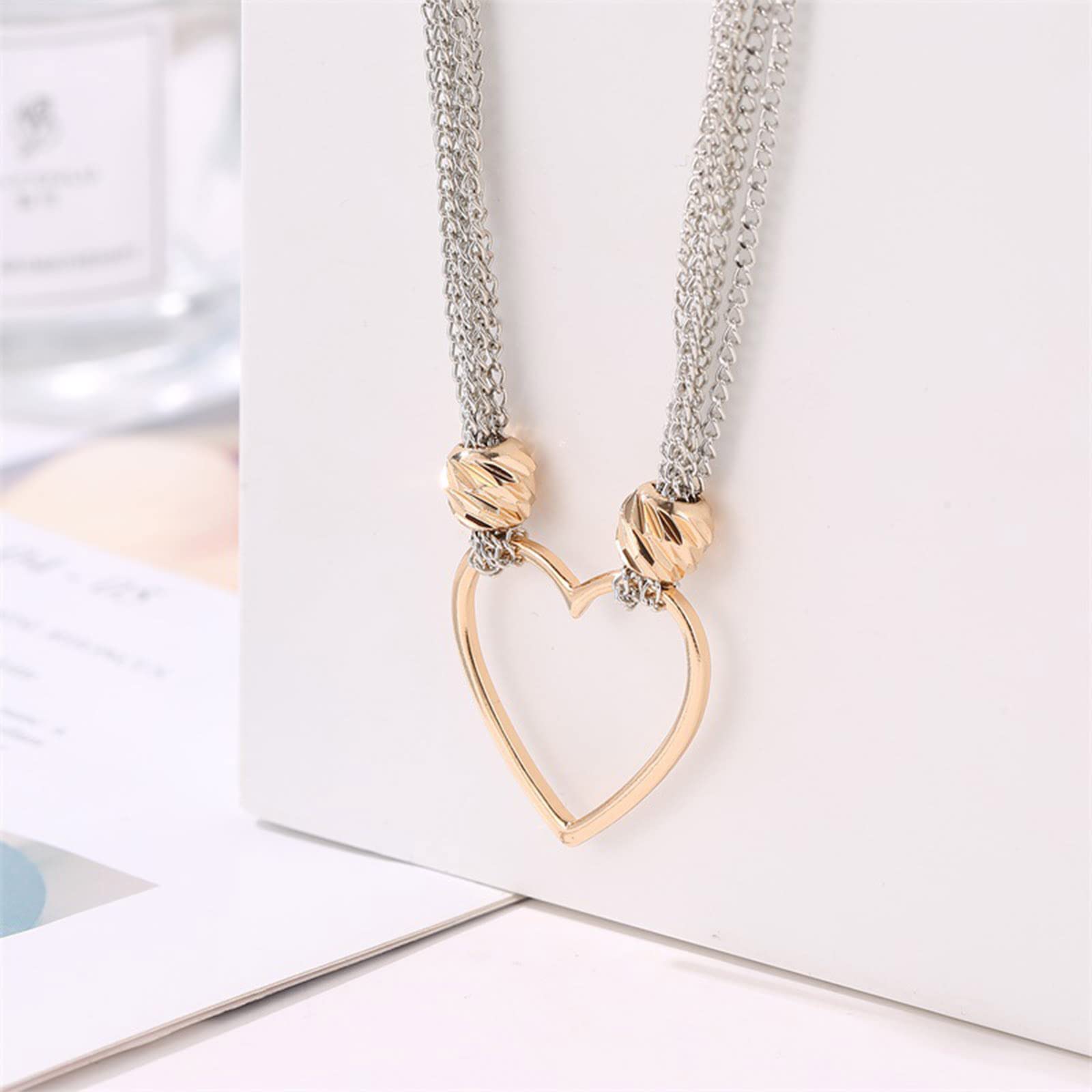 YienDoo Gold & Silver Heart Pendant Necklace - 4 Line Clavicle Chain Hoop Choker with Charm, Elegant Statement Jewelry Gift for Women, Girlfriend, Wife | Perfect for Valentine's Day, Anniversary, Date Night & Special Occasions