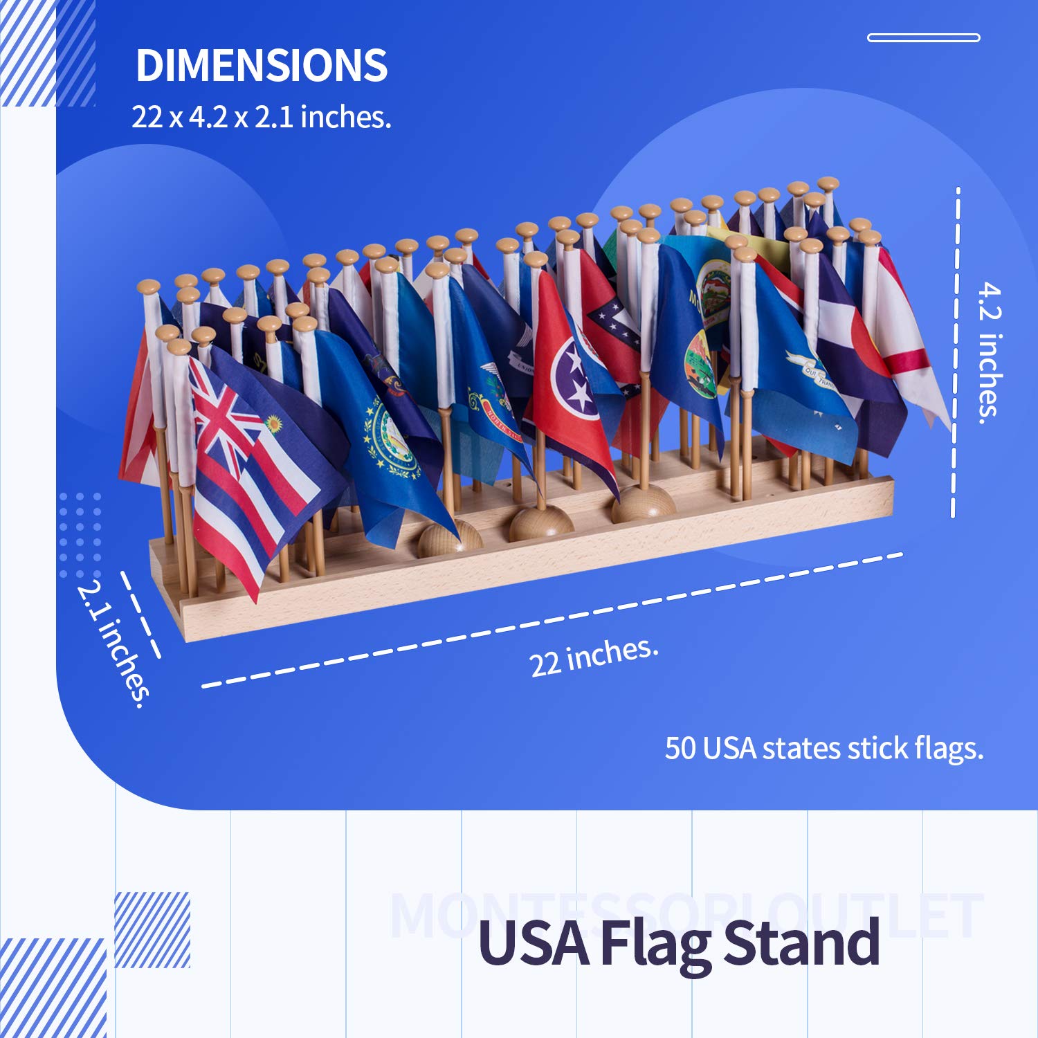 50 USA State Wooden Desk Flags on Stand - American Geography Educational Toys for Preschool, Homeschool & Kids - Perfect for Classroom Learning & Home Decor