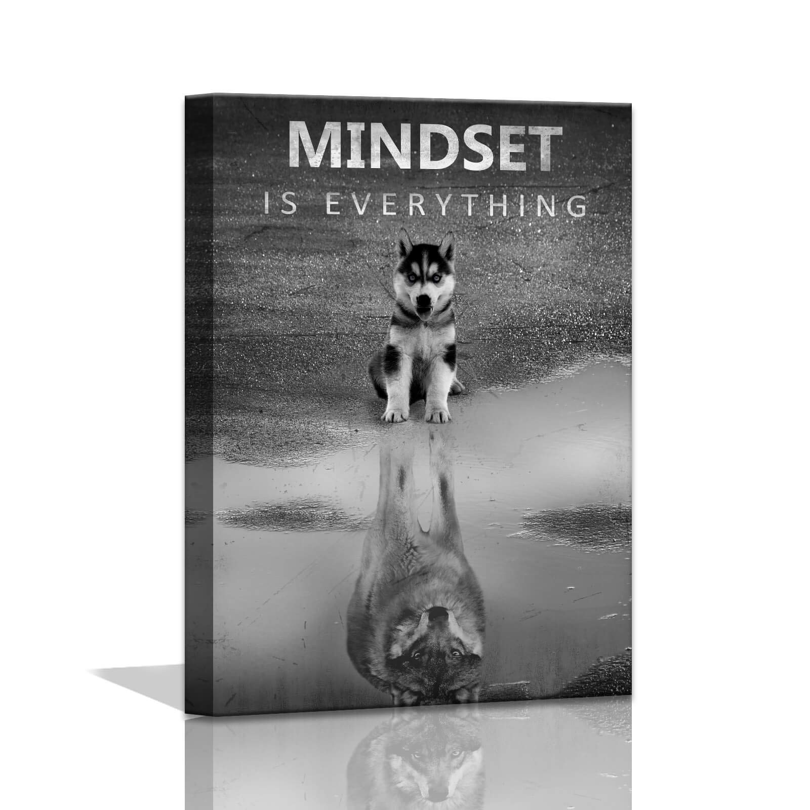Modern Motivational Wall Art Canvas - Mindset is Everything Inspirational Office & Bedroom Decor (16x24 Inch Framed Black & White Wolf Motto Artwork) - Perfect for Home, Office & Gifts