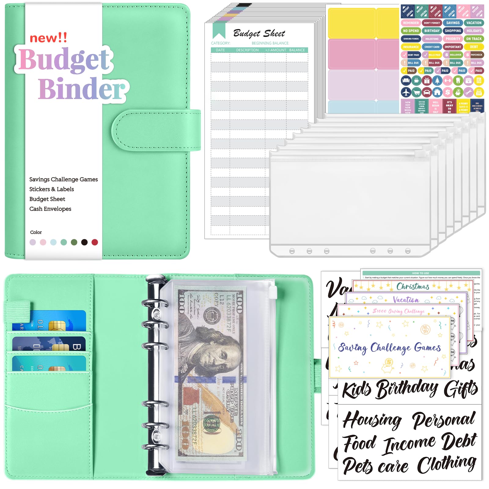 Sooez Budget Binder with Money Saving Challenge - Cash Envelopes, Expense Tracker & Category Labels for Home, Office & School - Perfect for Financial Planning, Bill Organization & Savings Goals