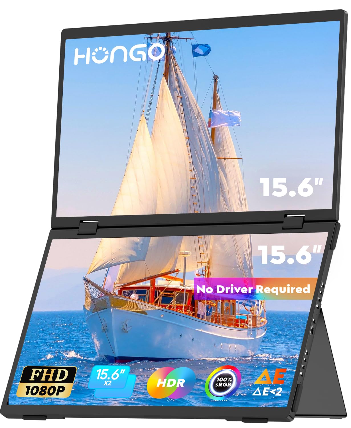 HONGO Triple Portable Monitor 15.6 Inch FHD 1080P USB-C Foldable IPS Screen with Dual Speakers - 360° Adjustable Second Monitor for Laptop, PC, Mac, PS5, Xbox Series X/S - Perfect for Work, Gaming & Travel