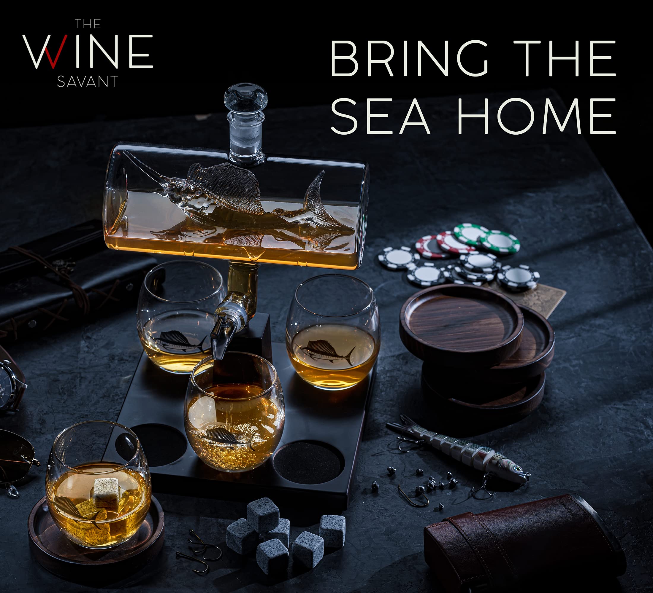 Premium Swordfish & Sailfish Whiskey Decanter Set with 4 Glasses - Fishing & Nautical Themed Bourbon Scotch Liquor Dispenser - Unique Gifts for Fishermen, Dads & Boat Enthusiasts - Perfect for Home Bars, Man Caves & Fishing-Themed Parties
