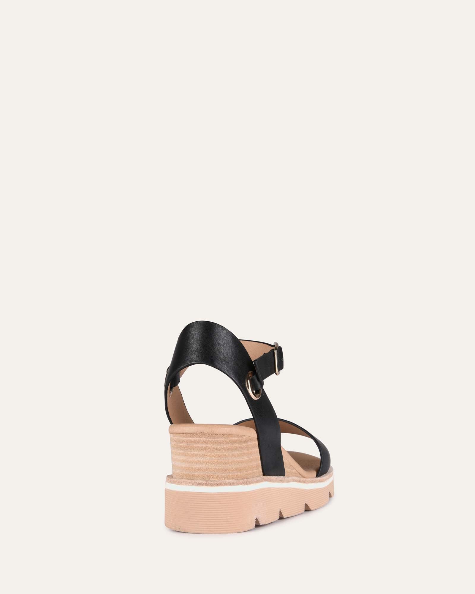KATIE Women's Black Leather Mid Heel Wedge Sandals - Comfortable & Stylish for Summer, Beach, Parties & Casual Outings