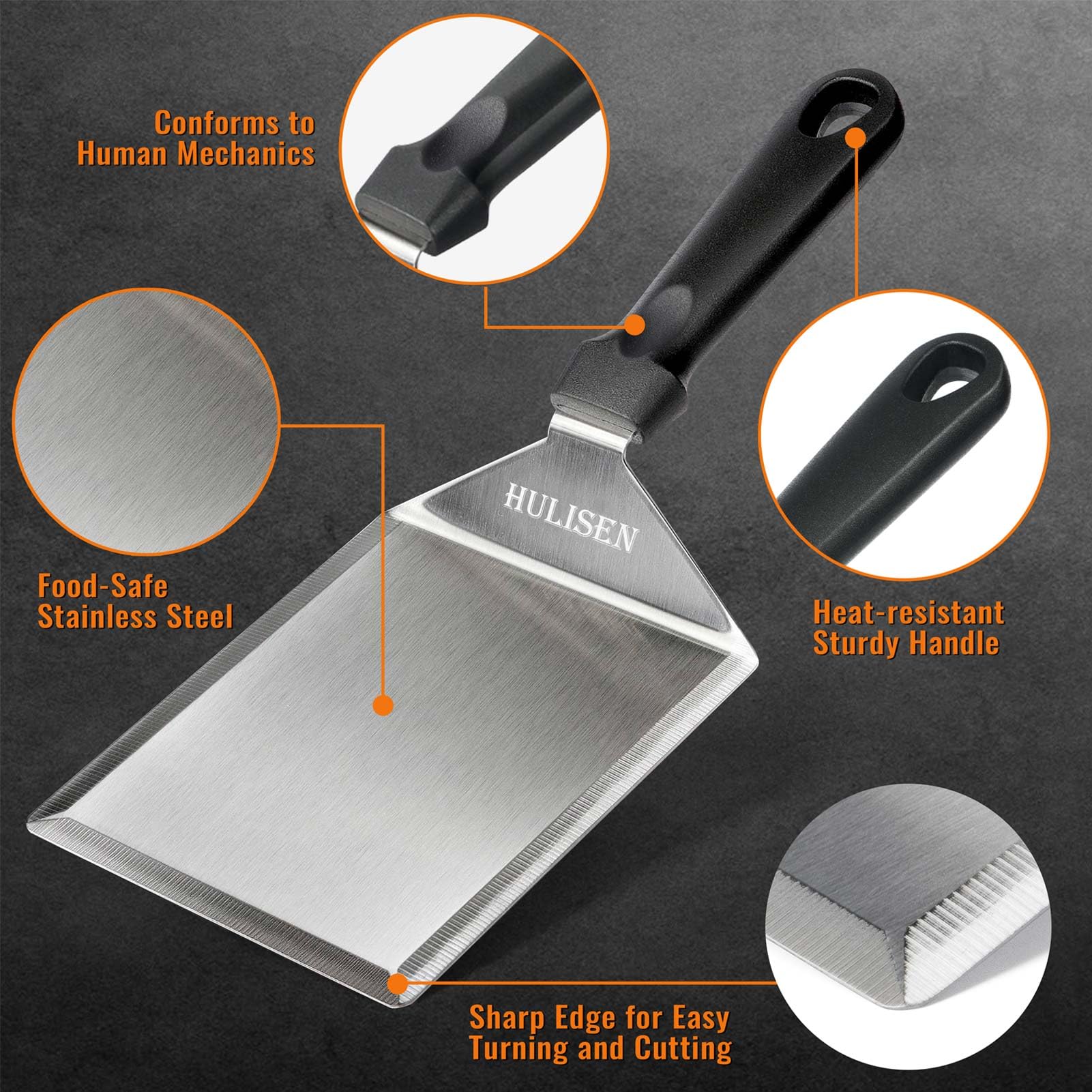 HULISEN 5-Piece Griddle Accessories Kit - Stainless Steel Spatula with Cutting Edges (6x5 Inch), 2 Squeeze Bottles, Chopper & Scraper - Essential Flat Top Grill Tools for Indoor/Outdoor Cooking - Perfect for Burgers, Pancakes & BBQ Parties