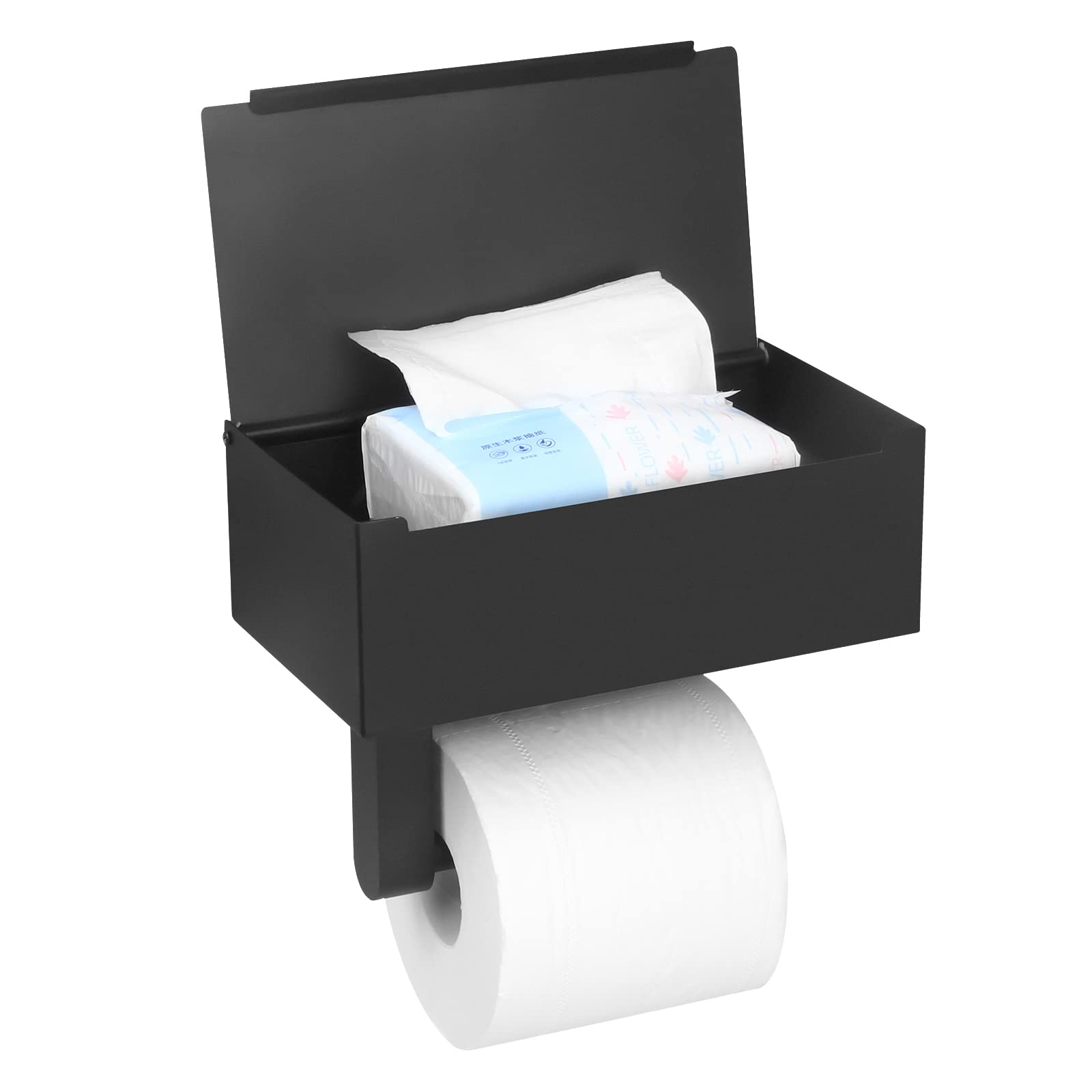 Stainless Steel Wall Mount Toilet Paper Holder with Shelf & Wet Wipes Dispenser - Bathroom Storage Organizer for Hidden Wet Wipes - Black (Larger Size) - Perfect for Modern Bathrooms, Powder Rooms & RV Toilets