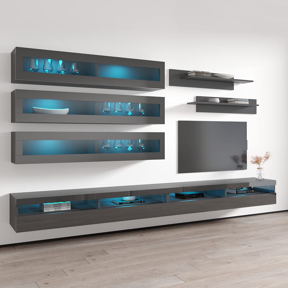 Modern Gray Wall-Mounted TV Stand with Storage Shelves & LED Lights - Floating Entertainment Center Console for Bedroom & Living Room - Perfect for Small Spaces & Home Theater Setup - Meble Furniture Fly J2 35TV Stand
