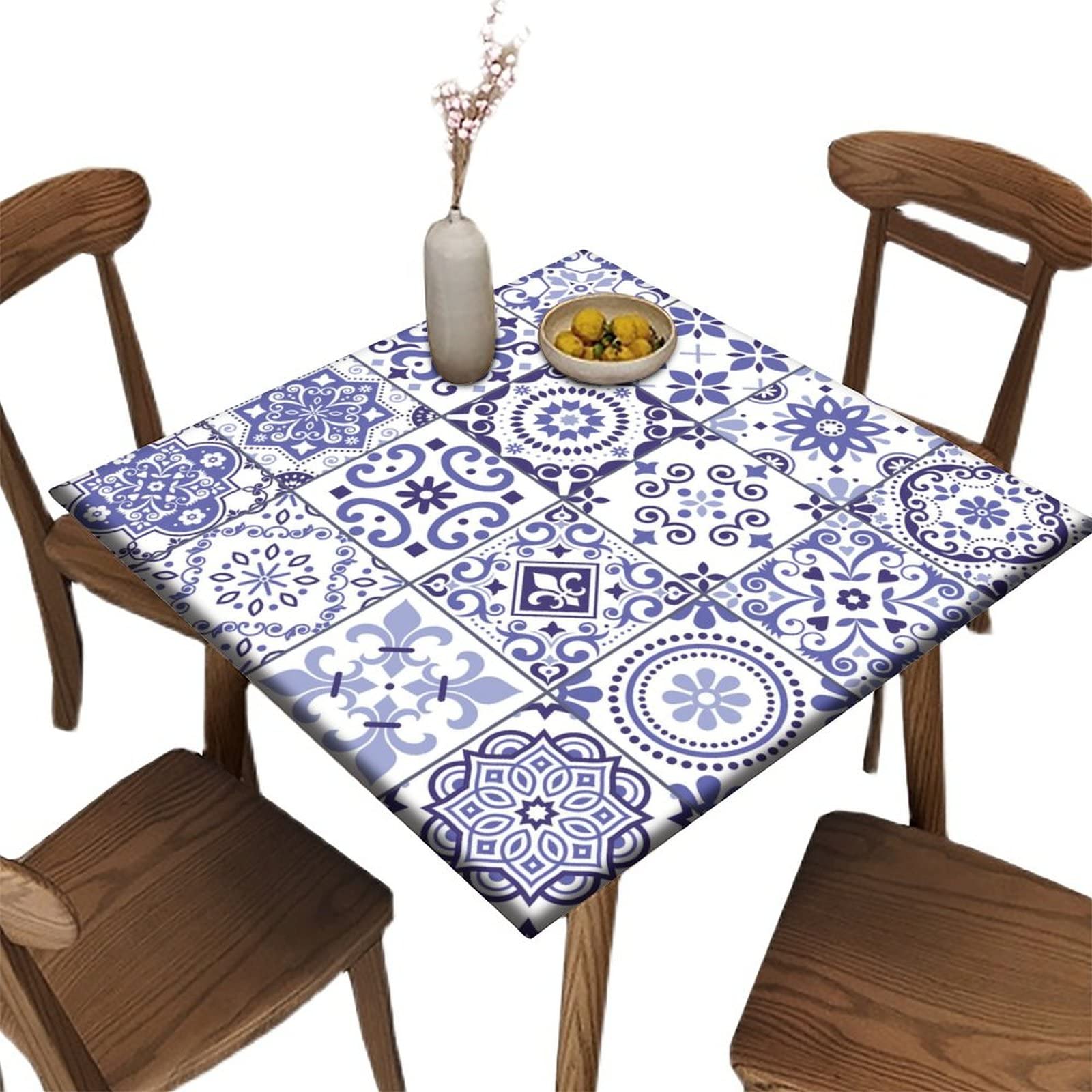 Boho Floral Square Stretchable Elastic Edge Table Cover - Portuguese Patchwork Tiles Polyester Waterproof Wipeable Tablecloth for Kitchen, Dining, Banquet, Party & Buffet - Blue 52x52 Inch - Perfect for Indoor/Outdoor Events, Family Gatherings & Home Decor