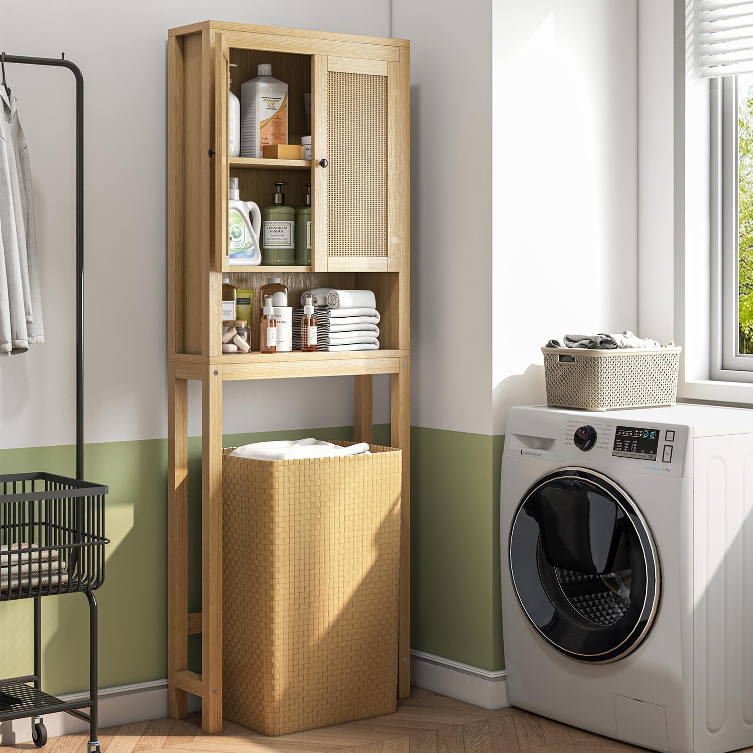 Rattan Over The Toilet Storage Cabinet - Adjustable Shelf Bathroom Organizer | Space Saving Behind Toilet Cabinet for Bathroom, Laundry & Restroom | Natural Wood Rack for Toilet Paper, Towels & Bath Essentials