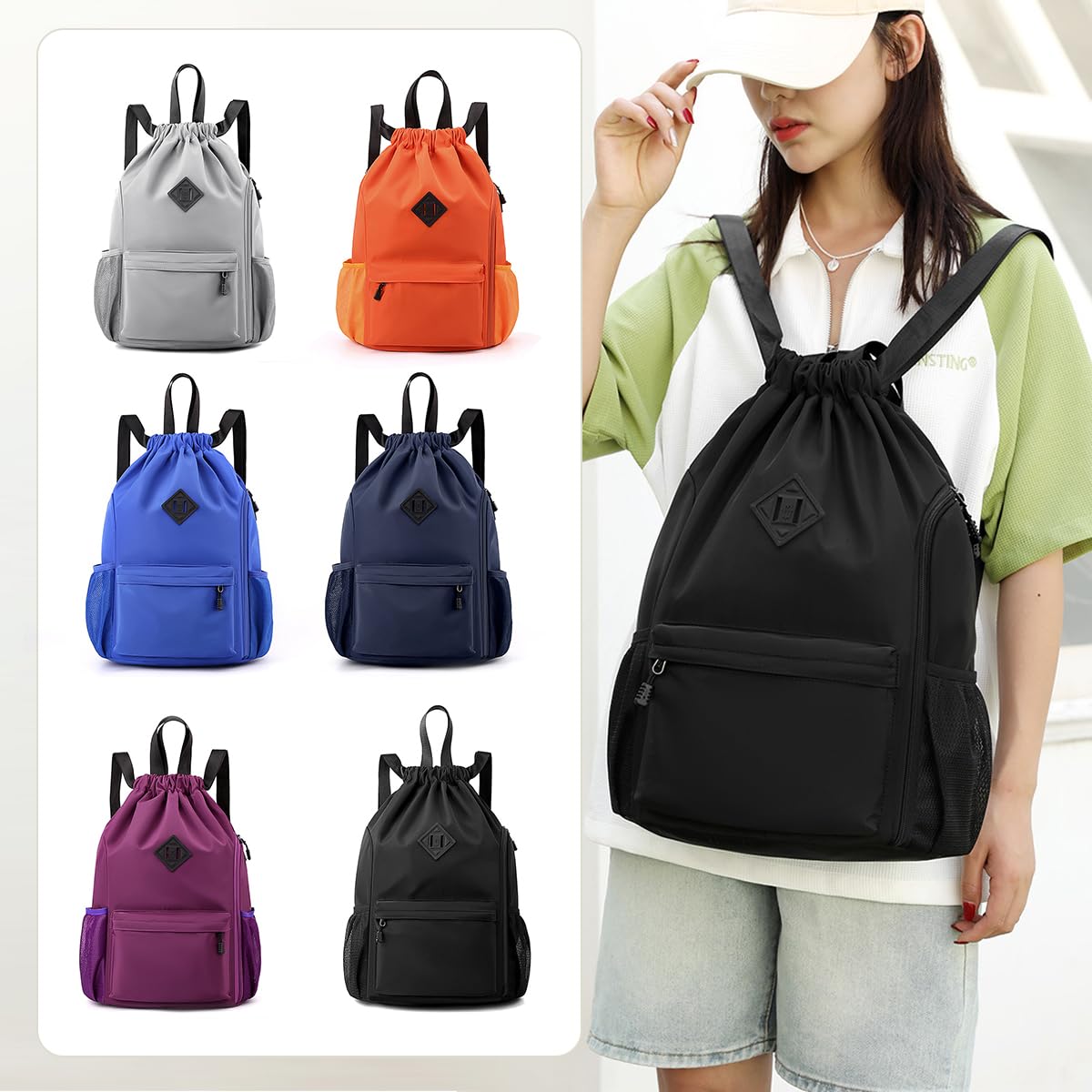 Valleycomfy Waterproof Gym Backpack for Men & Women - Lightweight Sports Bag with Drawstring & Side Pocket - Perfect for Workout, Travel & Outdoor Activities (Black)