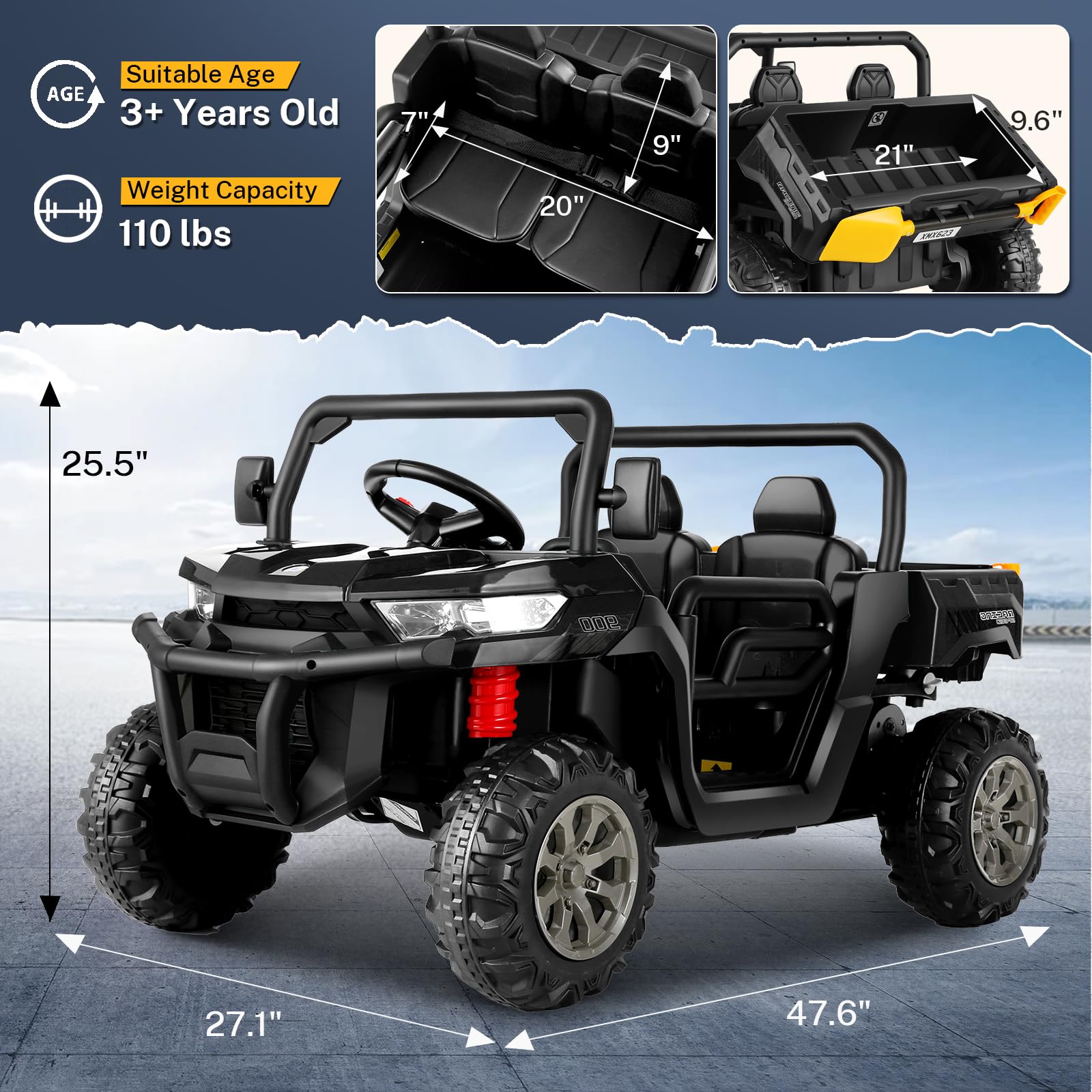 Hikole 24V Electric Ride On Dump Truck for Kids - 2 Seater Power Wheels with Remote Control, 3 Speed Settings, Music & Bluetooth - 24 Volt Battery Powered Toy Truck for Big Boys & Girls (Black) - Perfect for Outdoor Play, Backyard Adventures & Construction Pretend Play