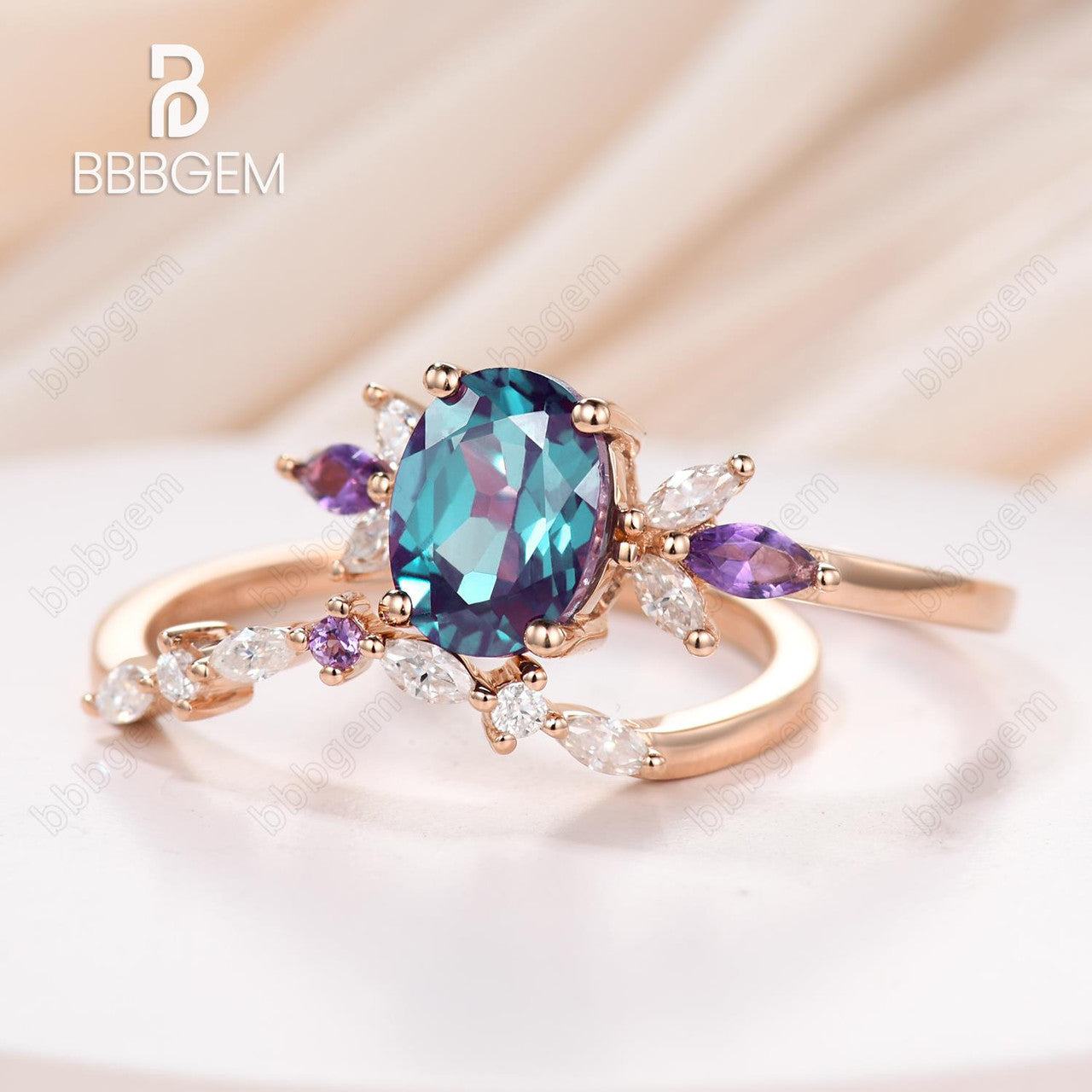 1.5 Carat Vintage Alexandrite Engagement Ring Set with Oval Cut & Matching Curved Wedding Band - Perfect for Proposals, Anniversaries & Special Occasions