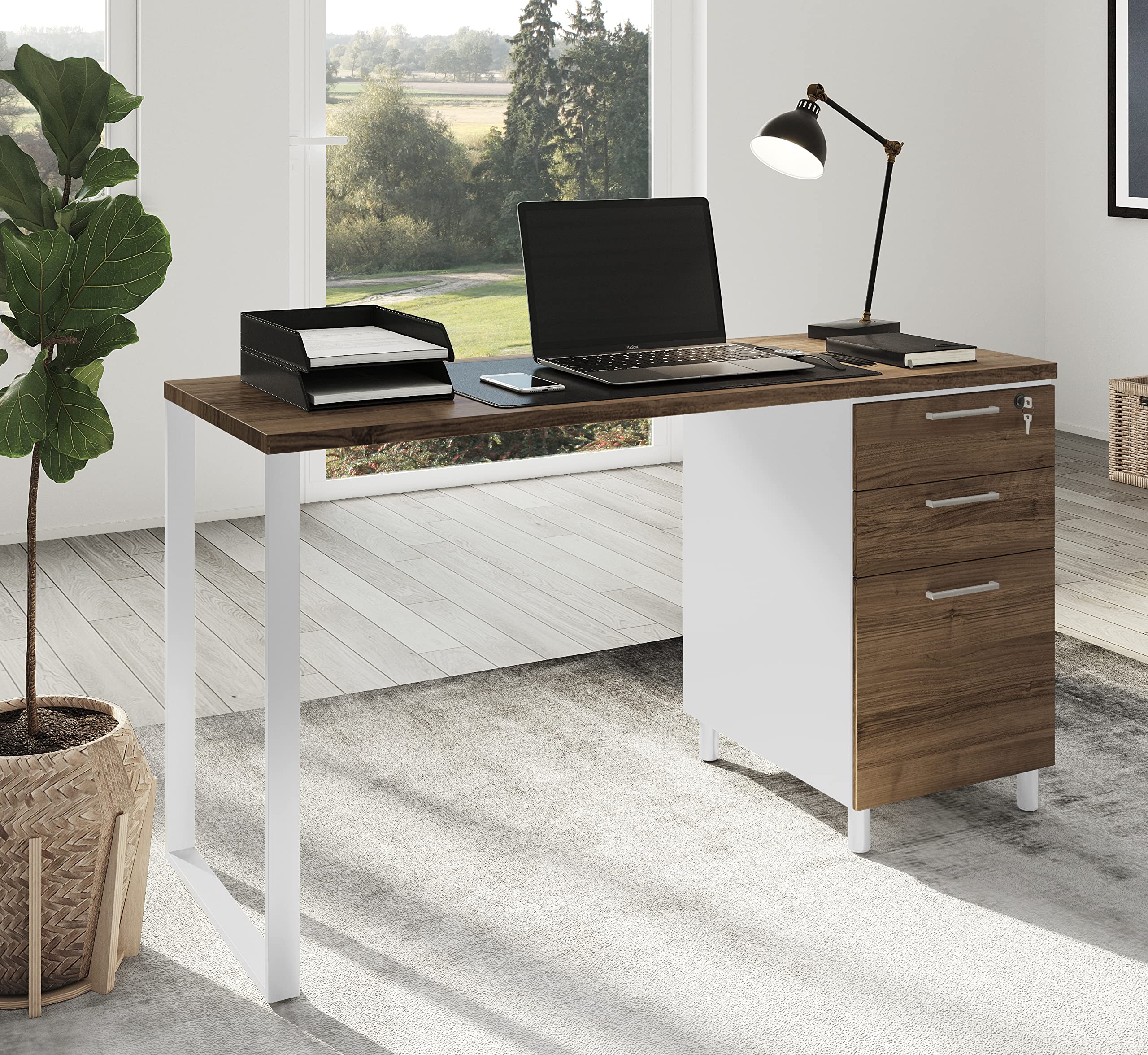 Modern Milano Office Desk with 3 Locking Drawers - 48 Inch White & Walnut Computer Desk with Filing Storage - Home Office Furniture for Small Spaces & Remote Work