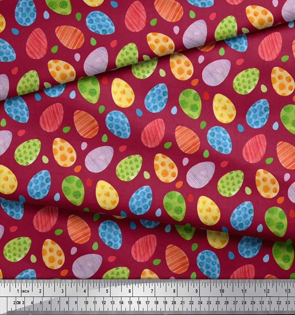 Soimoi Red Cotton Cambric Fabric by The Yard - 56 Inch Wide - Easter Egg Pattern Printed Textile for DIY Crafts, Quilting, and Easter Decorations
