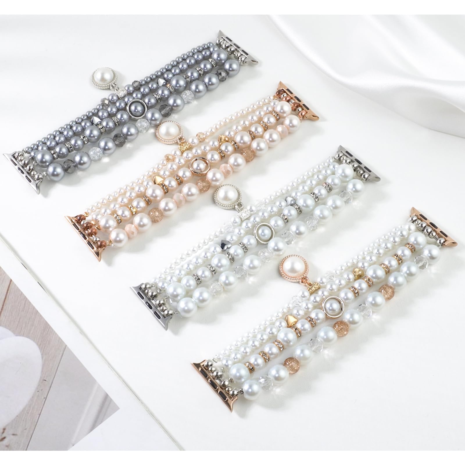 V-MORO Stretch Pearl Bracelet Compatible with Apple Watch 38/40/41/42/44/45mm - Elegant Rose Gold Watch Band for Women - Fashion Jewelry Strap for iWatch Series 9/8/7/6/5/4/3/2/1/SE - Perfect for Parties, Weddings & Office Wear