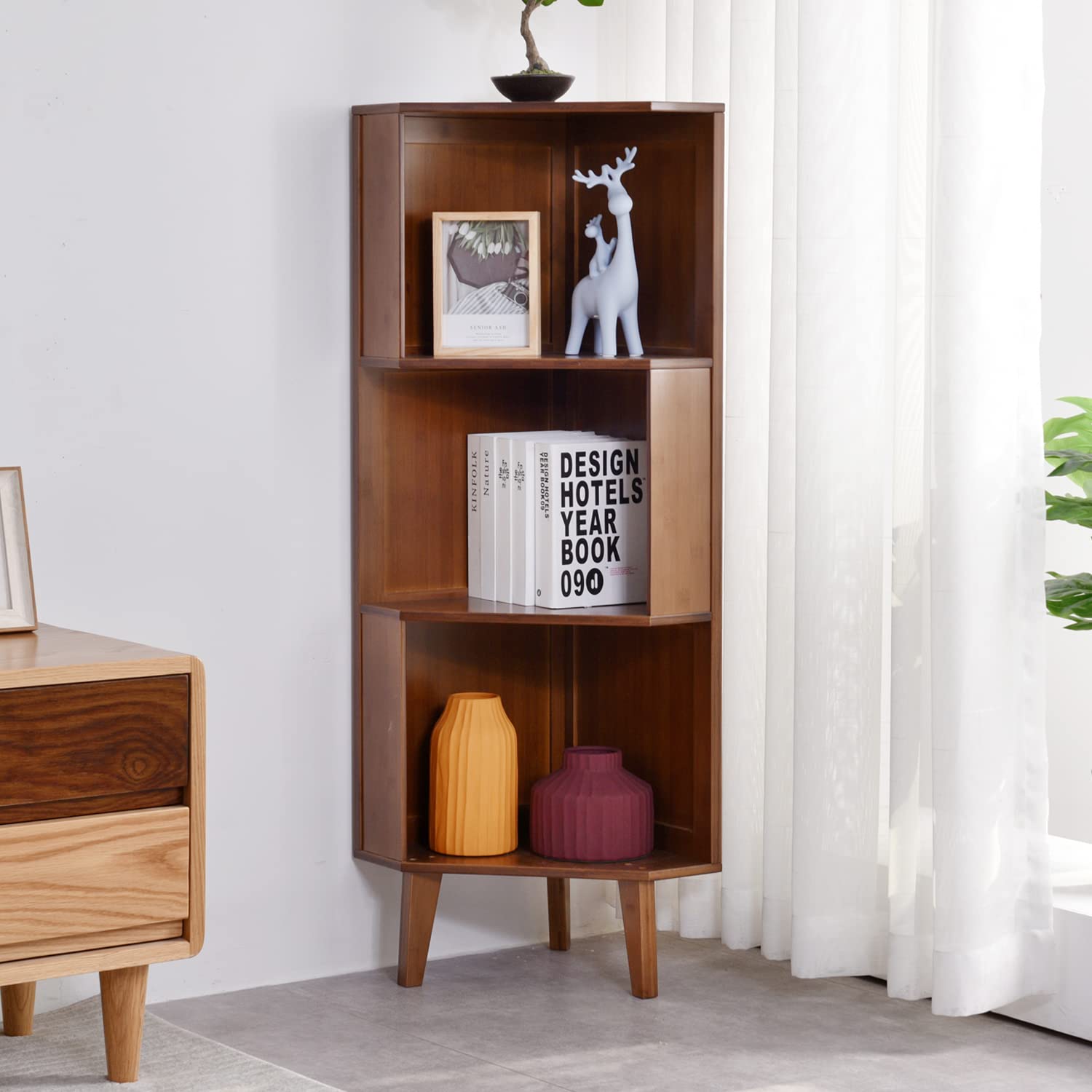 Maydear 3-Tier Corner Shelf - Rustic Wood Storage Rack, Space-Saving Plant Stand & Small Bookshelf for Living Room, Home Office, Kitchen | Perfect for Small Spaces & Corner Decor (3-Tier)