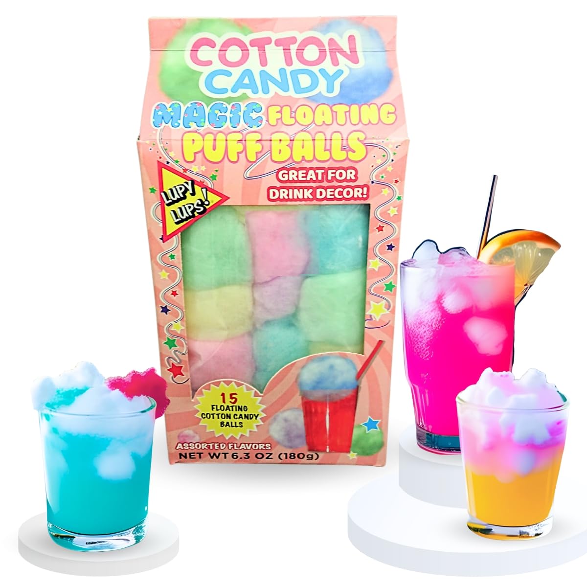 Magic Floating Cotton Candy - 6.3oz (15 Balls) Assorted Pastel Flavors - Fun Party Favors, Stocking Stuffers, Buffet Table Decor & Piñata Fillers for Birthdays, Baby Showers & Carnival Events