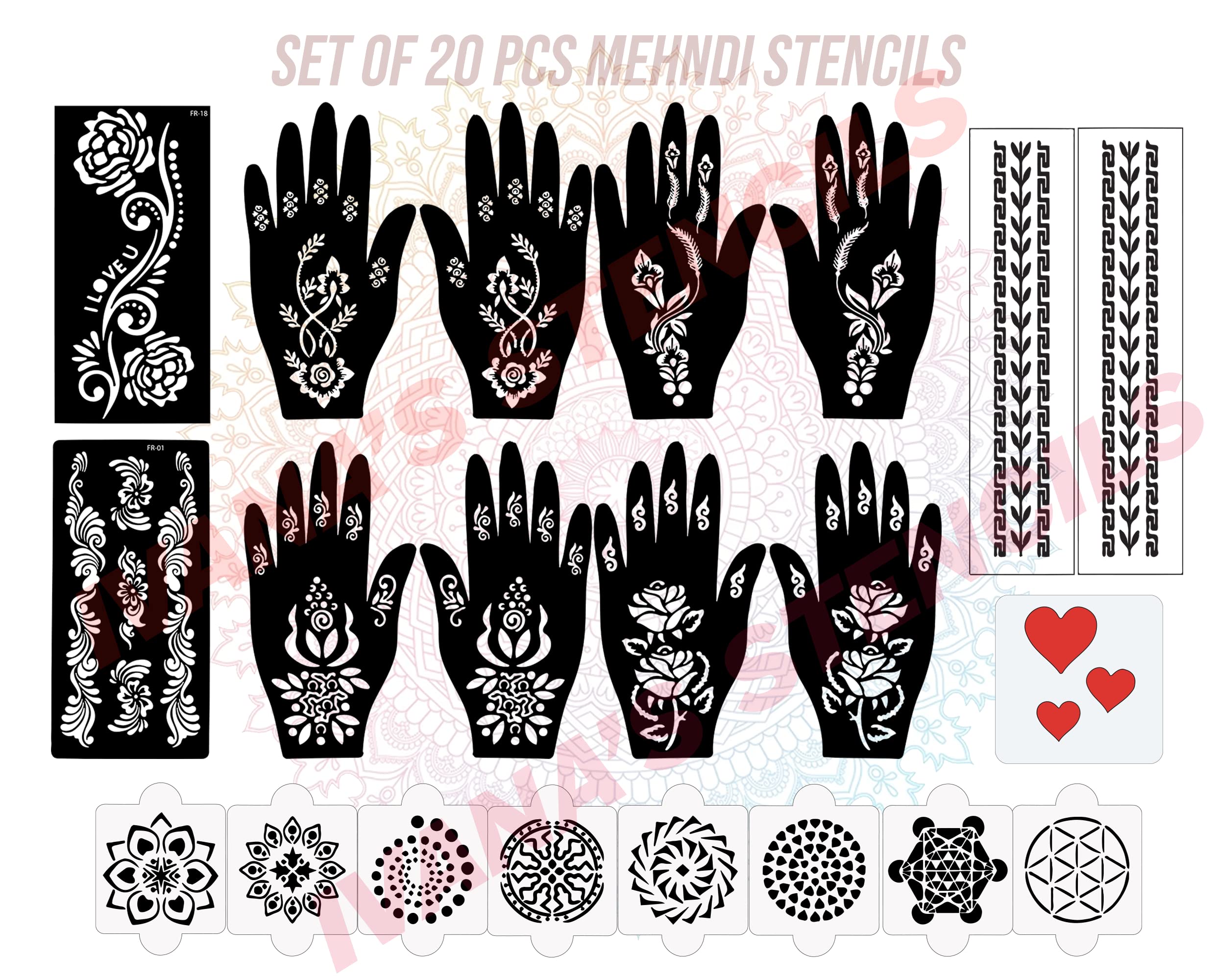 20 Pcs Reusable Henna Stencil Stickers for Hands - Easy Mehandi Design Templates for Women, Girls & Teens | Quick DIY Body Art Kit | Perfect for Parties, Weddings & Festivals (D-2252)