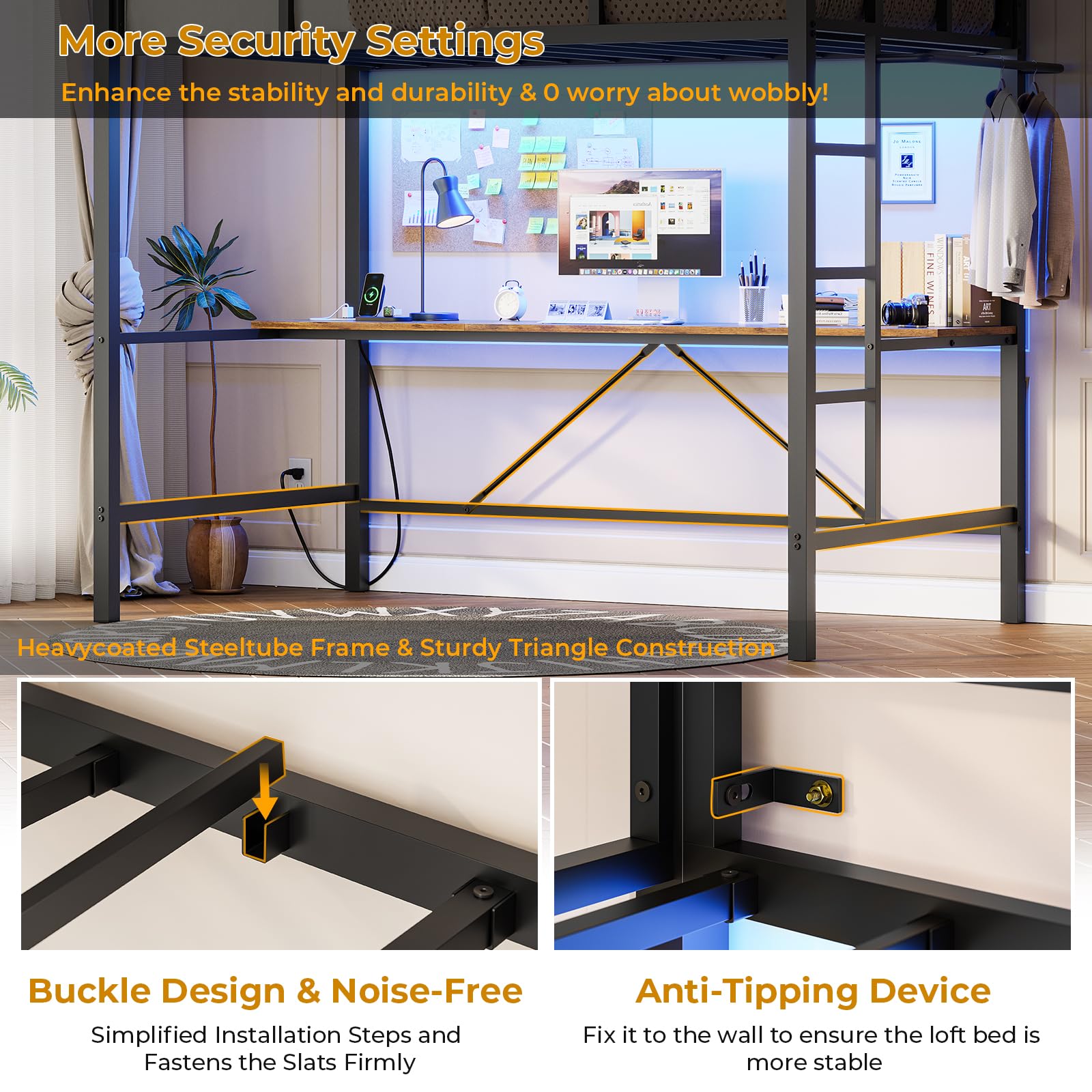 **Twin Loft Bed with Desk & Charging Station - Metal Bunk Bed Frame with LED Lights, Safety Guardrail & Stair - Space-Saving Black Platform Bed for Kids & Teens - Perfect for Small Bedrooms, Dorms & Studio Apartments**