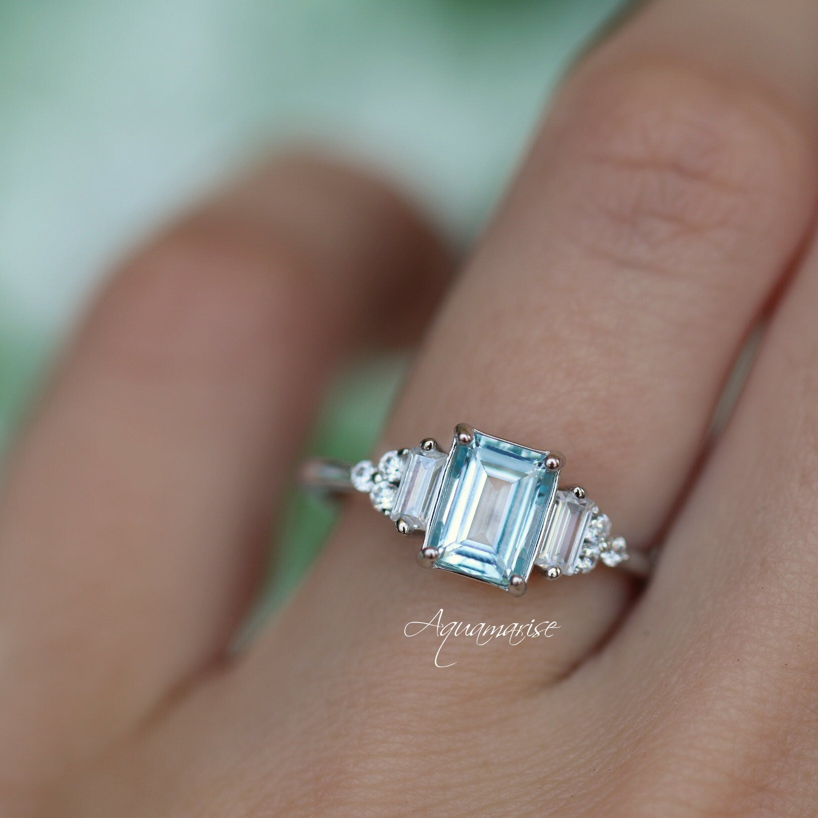 Natural Aquamarine Engagement Ring for Women - 14K White Gold Solitaire Ring, Elegant Wedding & Promise Ring for Her, Perfect for Proposals, Anniversaries & Special Occasions