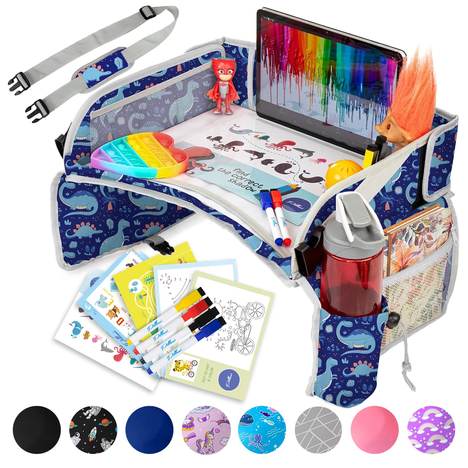 **PILLANI Kids Travel Tray for Car - Portable Car Seat Tray for Toddlers, Road Trip Essentials & Airplane Activities - Lap Desk Organizer with Storage - Perfect for Snacks, Toys & Coloring**    *(Ideal for Long Car Rides, Flights, and Keeping Kids Entertained On-the-Go!)*