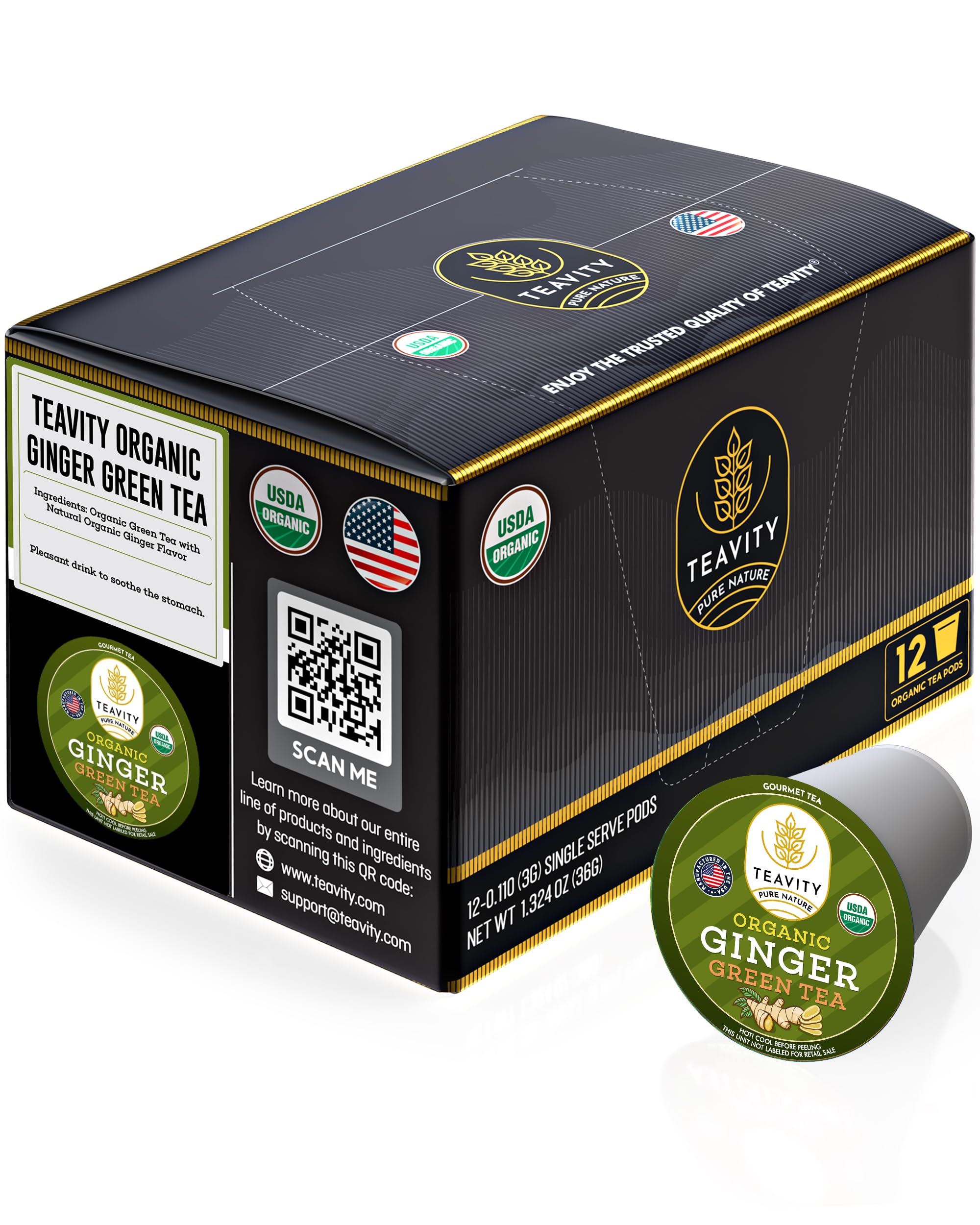 Organic Ginger Green Tea Pods for Keurig K-Cup Brewers - 12 Count | Antioxidant-Rich Herbal Tea for Energy Boost & Digestion | Perfect for Morning Wake-Up or Afternoon Relaxation