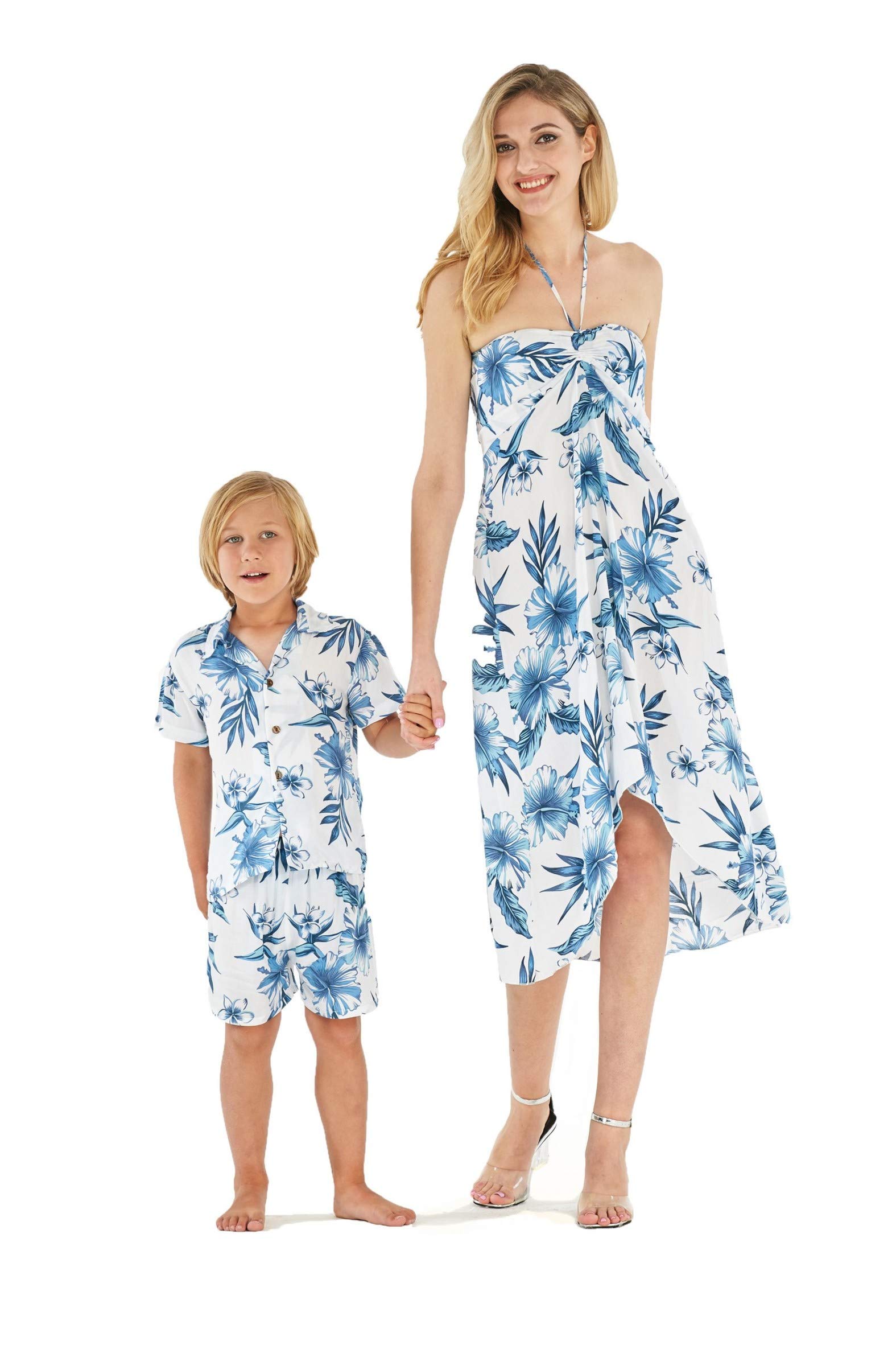 Matching Mother and Son Hawaiian Luau Outfits - Tropical Floral Print Dress & Shirt Set for Beach Party, Family Vacation, and Summer Photoshoots