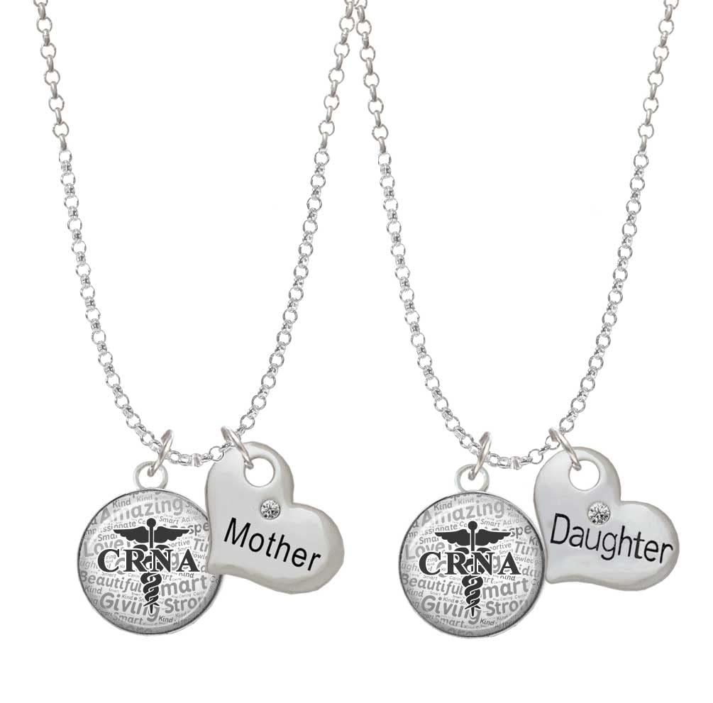 Delight Jewelry Sterling Silver Domed CRNA Mother & Daughter Heart Necklace Set (2 Pcs, 19