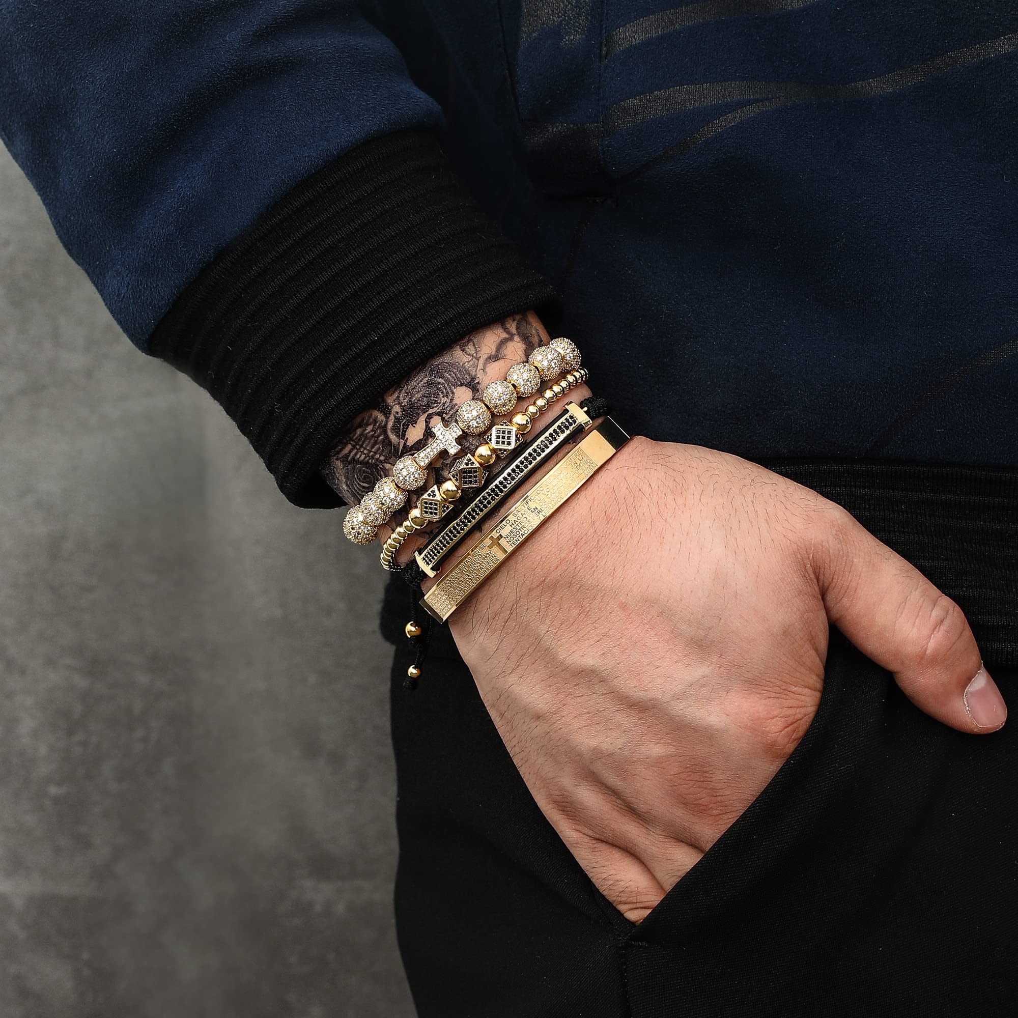 WFYOU Imperial Crown Bracelet for Men - 18kt Gold Plated Cubic Zirconia Beaded Cross Charm Bracelet - Luxury Jewelry Gift for Him - Perfect for Weddings, Anniversaries & Special Occasions