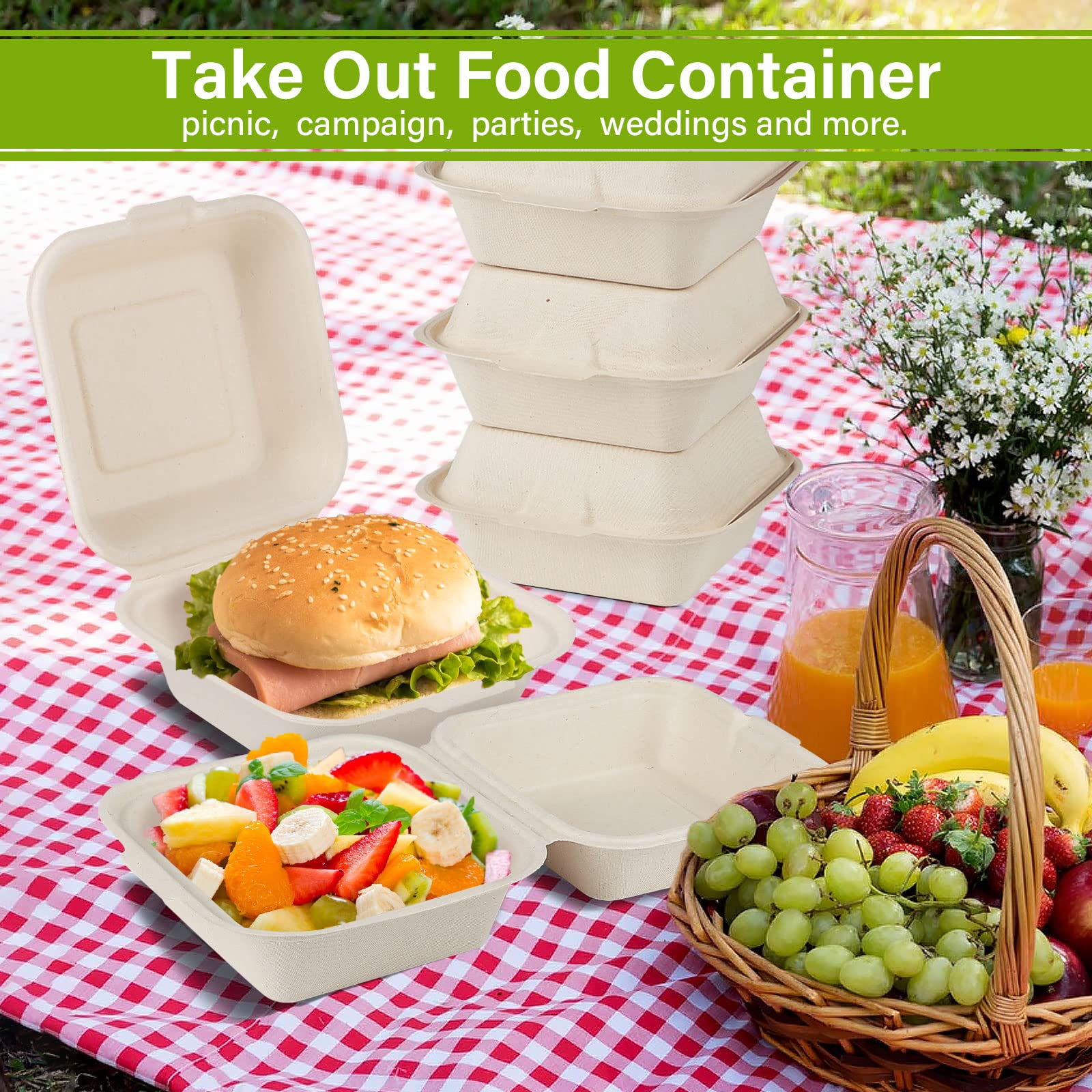 Eco-Friendly Compostable 6x6 Take Out Food Containers - 100 Pack Biodegradable Clamshell To-Go Boxes Made from Sugarcane Fiber | Heavy Duty Disposable Containers for Restaurants, Catering & Food Delivery Services