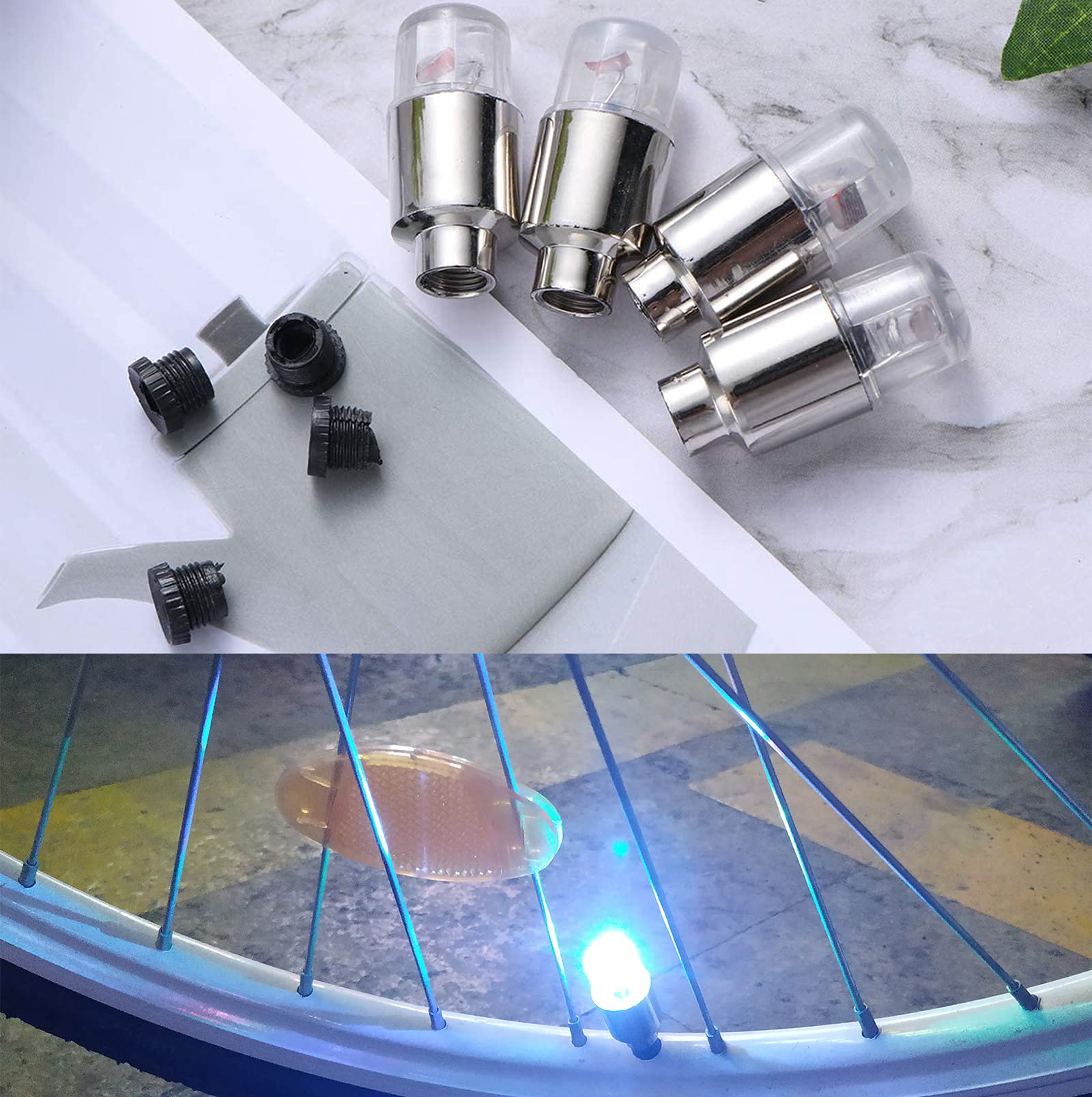 4 Pack LED Tire Valve Stem Lights for Cars, Trucks, Bikes, Motorcycles & Golf Carts - Waterproof Wheel Spoke Lights with 10 Extra Batteries (Blue) - Perfect for Night Rides, Kids Safety & Vehicle Customization