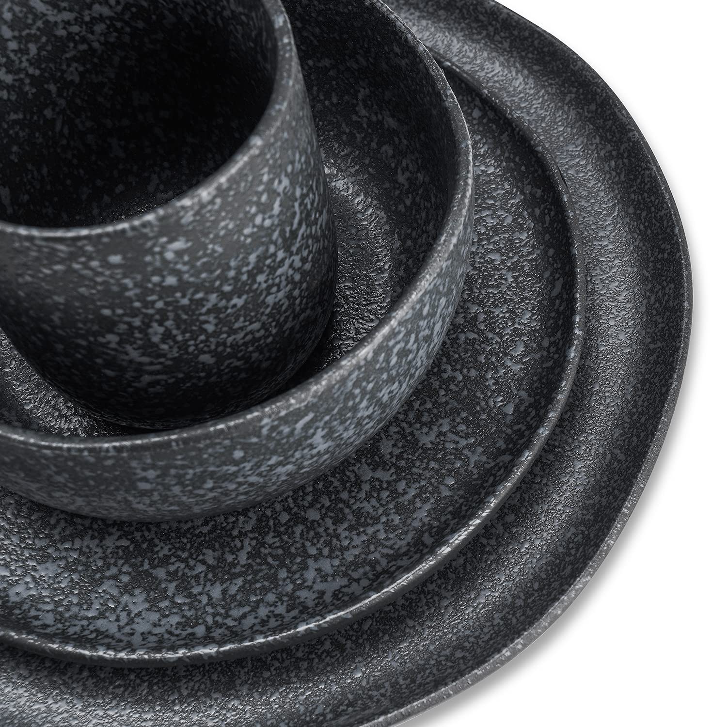 16-Piece Stoneware Dinnerware Set - Reactive Glaze Plates & Bowls for 4 - Microwave & Dishwasher Safe - Black & White - Perfect for Family Dinners, Entertaining Guests & Everyday Use