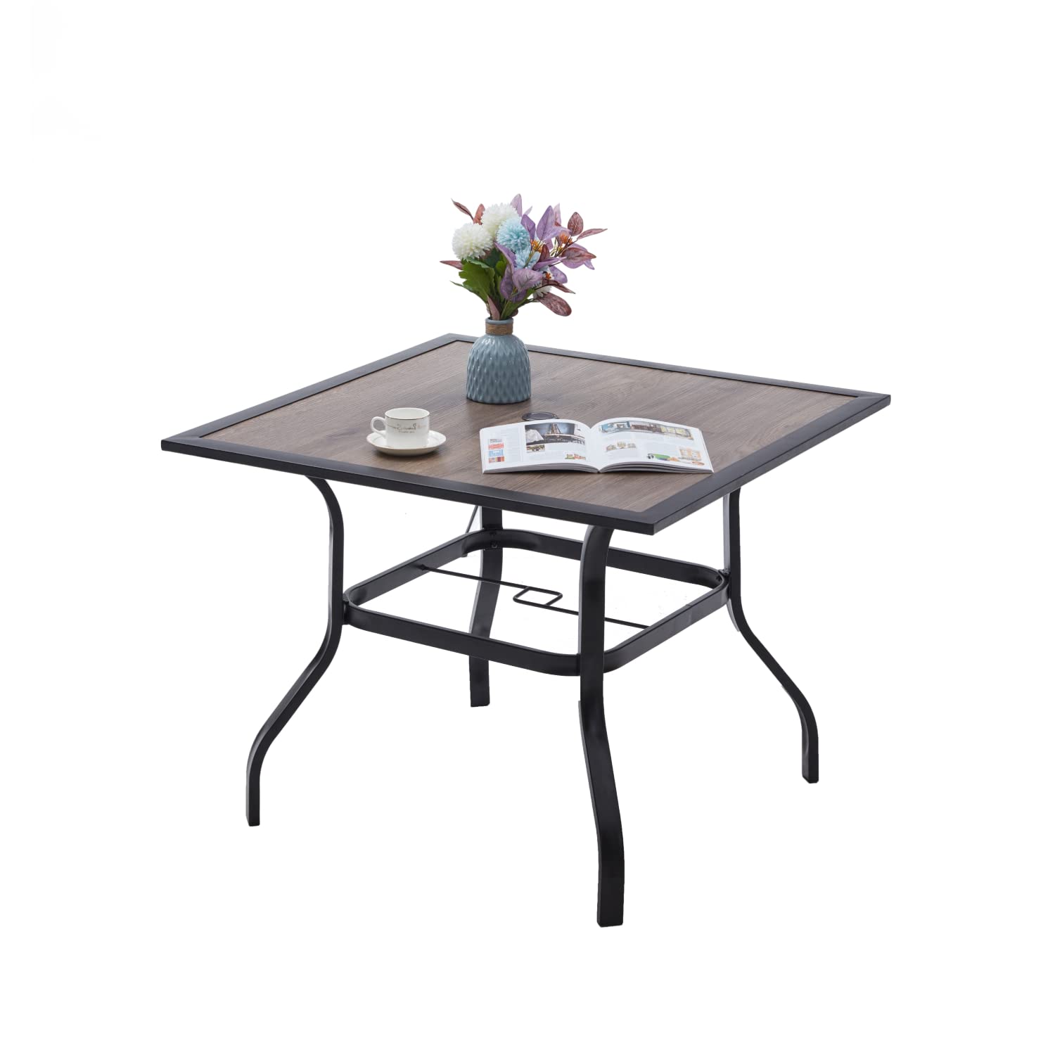 VICLLAX 4-Person Outdoor Patio Dining Table - Weather-Resistant Wood-Like Walnut Table Top with Sturdy Metal Frame & Umbrella Hole - Perfect for Garden, Lawn, Backyard, and Poolside Dining