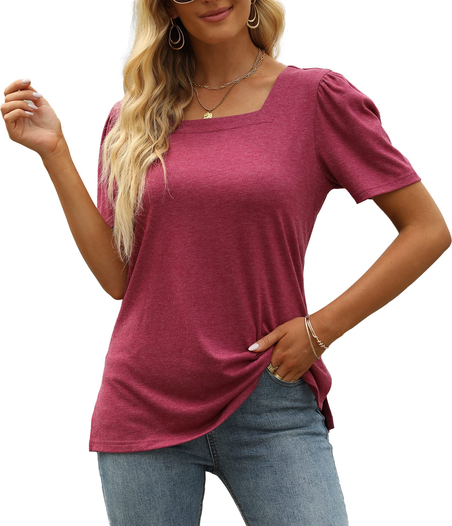 JomeDesign Women's Casual Short Sleeve Square Neck T-Shirt - Puff Sleeve Loose Blouse for Summer | Perfect for Beach Outings, Date Nights & Casual Wear