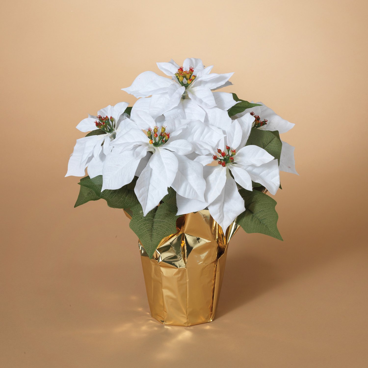 15 Inch Artificial White Poinsettia Plant in Gold Foil Wrap - Lifelike Christmas Decor for Home, Office, and Holiday Parties - Perfect for Table Centerpieces, Mantel Displays, and Festive Gift Giving