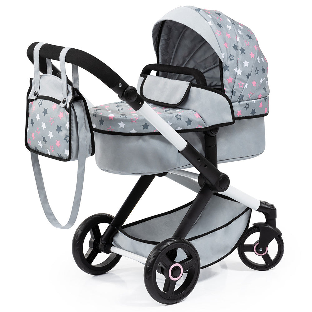 Bayer Design Dolls Pram Xeo Convertible Stroller - Grey, Pink with Stars Pattern | Perfect for Toddler Role Play & Pretend Play, Indoor & Outdoor Use