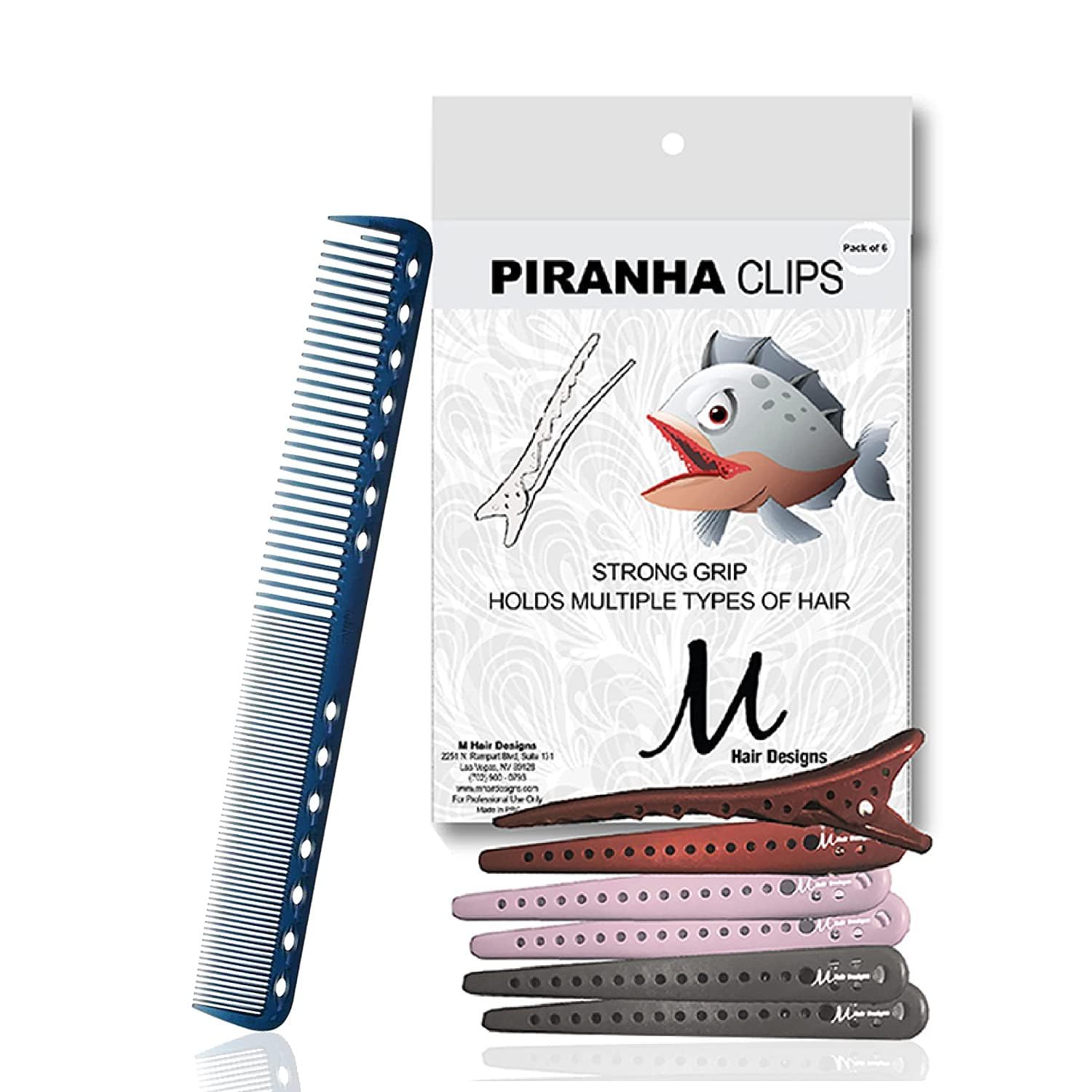 YS Park 339 Berry Limited Edition Hair Cutting Comb - Professional Barber Scissors & Styling Tool for Precision Haircuts (Blue) + M Hair Designs Piranha Hair Clips Set (Assorted Colors) - 2 Piece Bundle for Salon, Home Haircuts & DIY Hairstyling