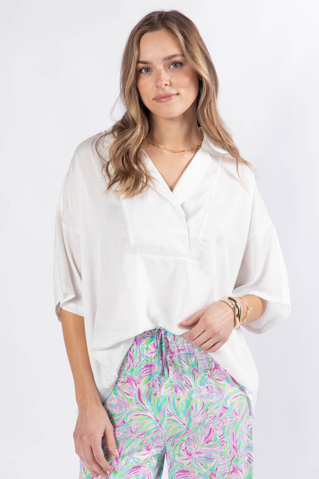 Elegant Ivory Oversized Satin Blouse with Dramatic Collar - Women's Fashion Top for Office, Party & Special Occasions