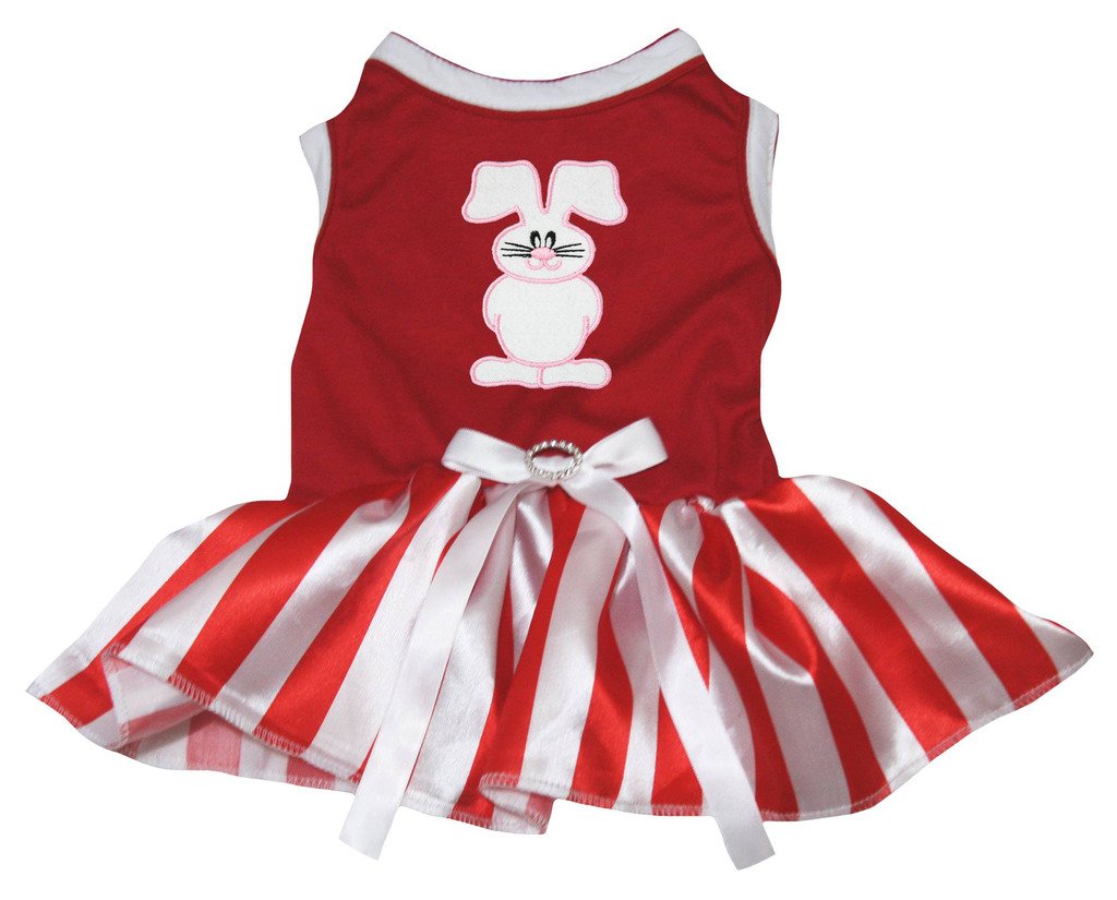 Petitebella Cute Bunny Print Red Shirt with Striped Tutu Puppy Dog Dress - Small Size for Small Dogs | Perfect for Easter, Birthday Parties & Photo Shoots