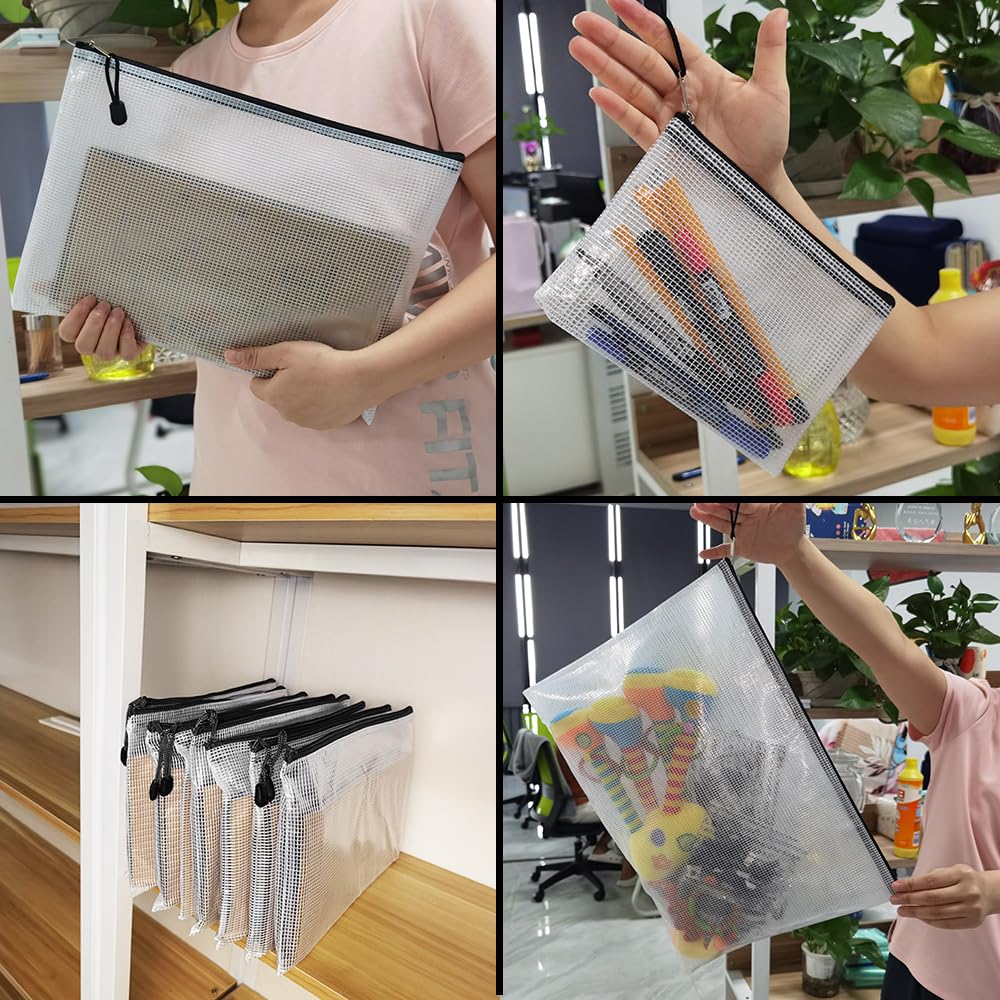 10-Pack Waterproof Mesh Zipper File Bags - Multi-Size Document Organizer for Office & School Supplies - Durable Plastic Storage Pouches for Board Games, Travel & Craft Organization (White & Black)