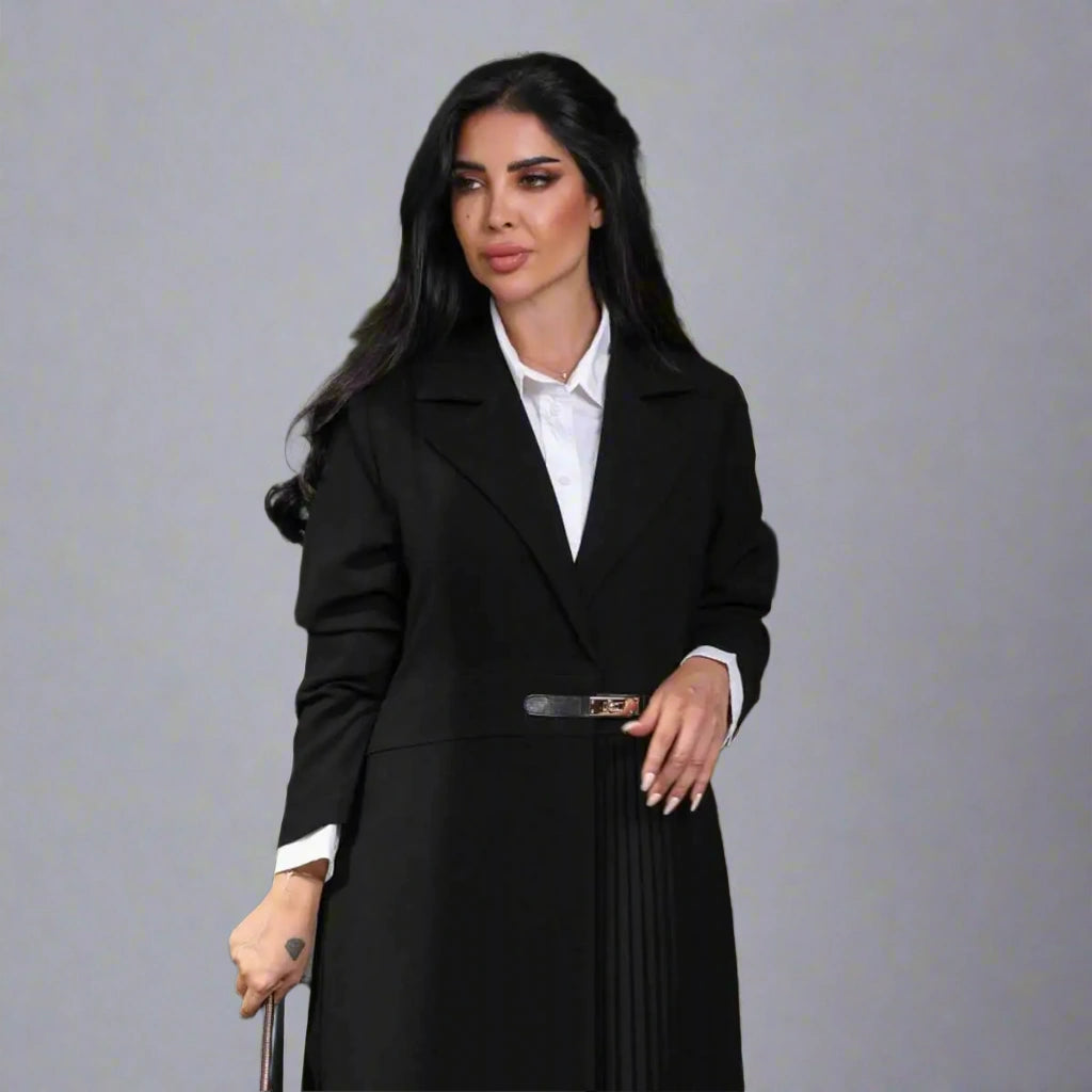 Elegant Pleated Muslim Women's Open Abaya Dress with Adjustable Leather Belt - Modest Islamic Fashion for Prayer, Eid, Wedding & Special Occasions