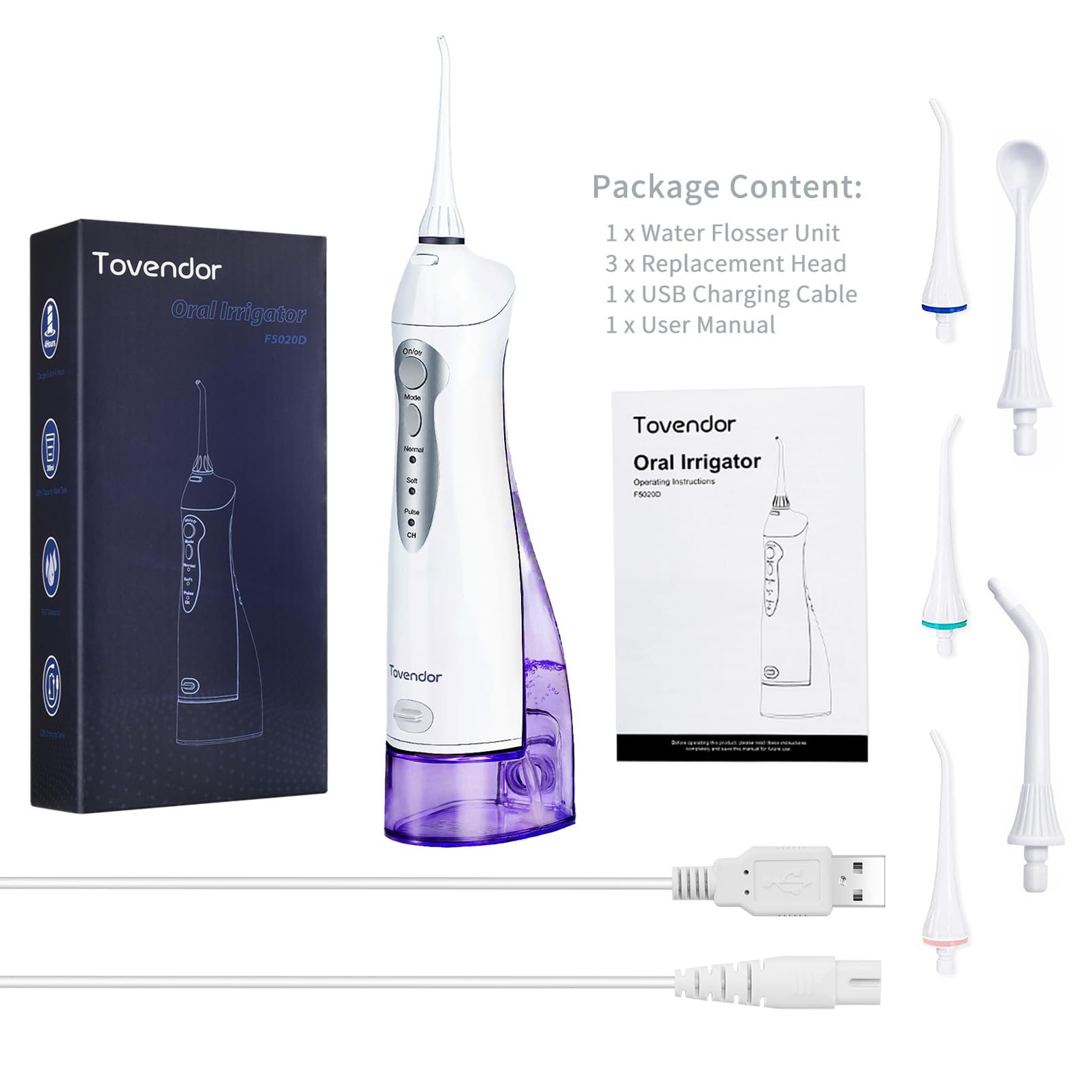 TOVENDOR Cordless Water Flosser for Teeth Cleaning - 300ML Rechargeable Oral Irrigator with 5 Nozzle Tips, IPX7 Waterproof, Portable Dental Flosser for Braces Care & Gum Health - Perfect for Travel, Home Use and Deep Teeth Cleaning