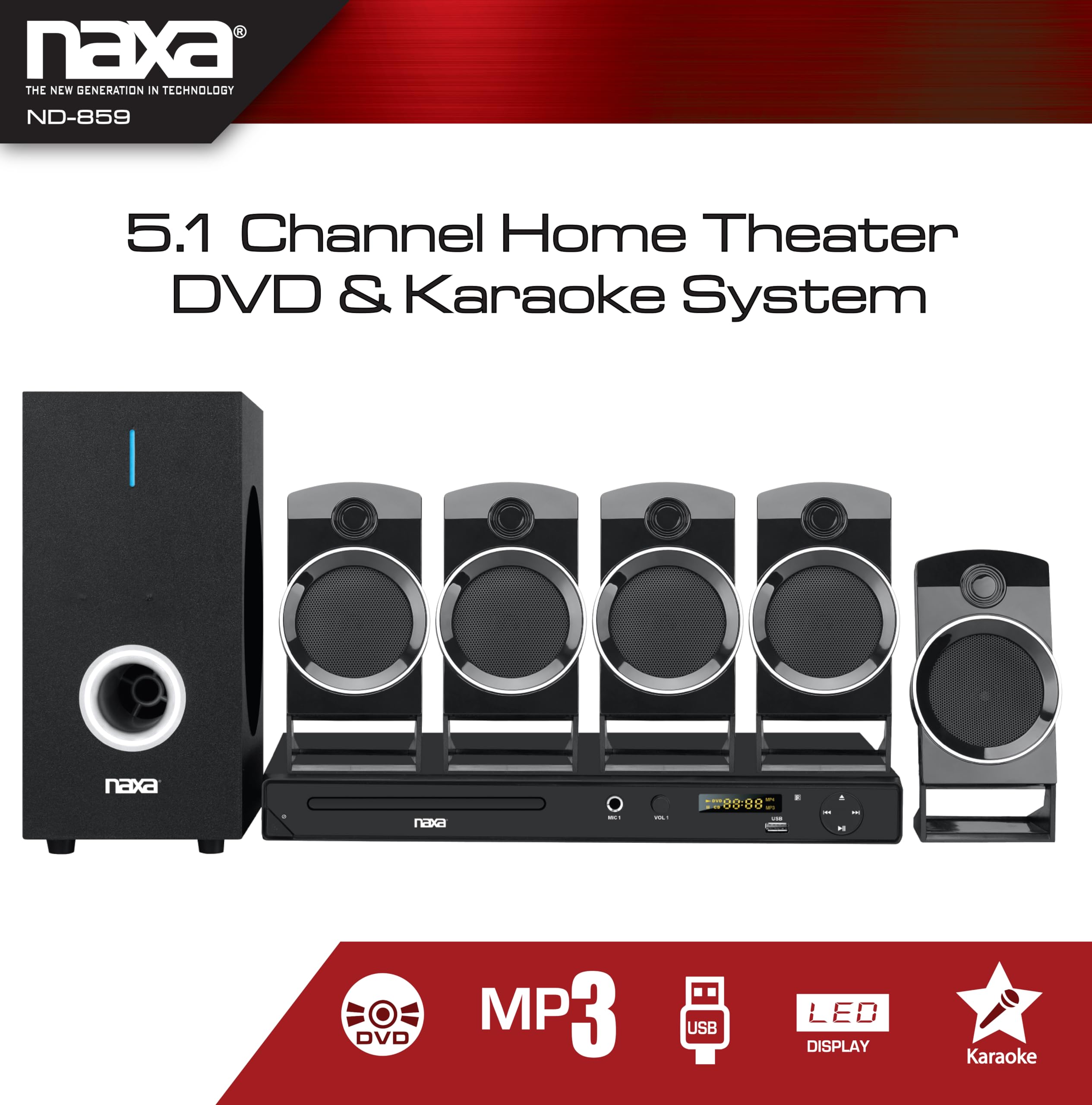 NAXA Electronics ND-859 5.1-Channel Home Theater DVD Player with Digital Media Playback & Karaoke System - Black | Perfect for Movie Nights & Home Entertainment